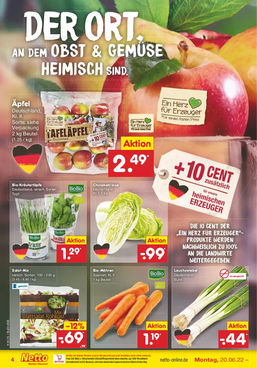 Aktueller Prospekt Netto Marken-Discount - Filial-Angebote - von 20.06 bis 25.06.2022 - strona 4 - produkty: asti, beutel, bio, eis, erde, kräuter, Lauchzwiebel, möhren, ndk, obst, reis, salat, Ti, topf, versandkostenfrei, zwiebel