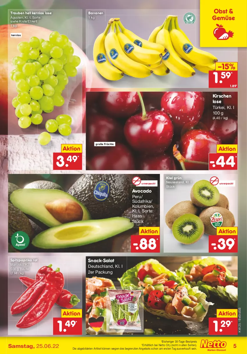 Aktueller Prospekt Netto Marken-Discount - Filial-Angebote - von 20.06 bis 25.06.2022 - strona 5 - produkty: angebot, asti, avocado, banane, bananen, bestpreis, beutel, eis, Elan, früchte, kirsch, kirsche, kirschen, kiwi, obst, paprika, paprika rot, reis, salat, snack, Spitzpaprika, Ti, trauben, ZTE