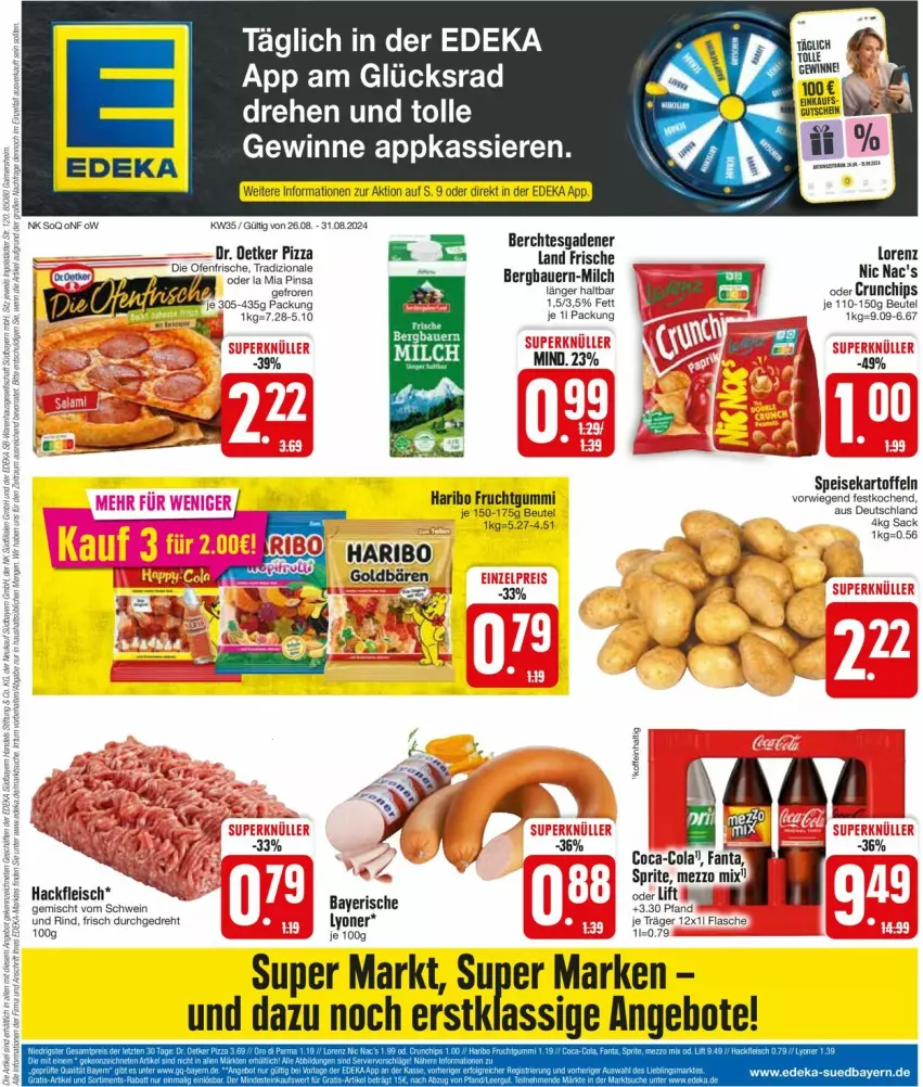 Aktueller Prospekt Edeka - Prospekte - von 26.08 bis 31.08.2024 - strona 1 - produkty: angebot, angebote, auer, Bau, Bauer, beutel, chips, coca-cola, cola, deka, die ofenfrische, eis, fanta, flasche, frucht, fruchtgummi, goldbären, haribo, kartoffel, kartoffeln, lorenz, lyoner, Mezzo Mix, milch, Ofen, pizza, rind, sac, speisekartoffeln, sprite, Ti, tradizionale, Yo