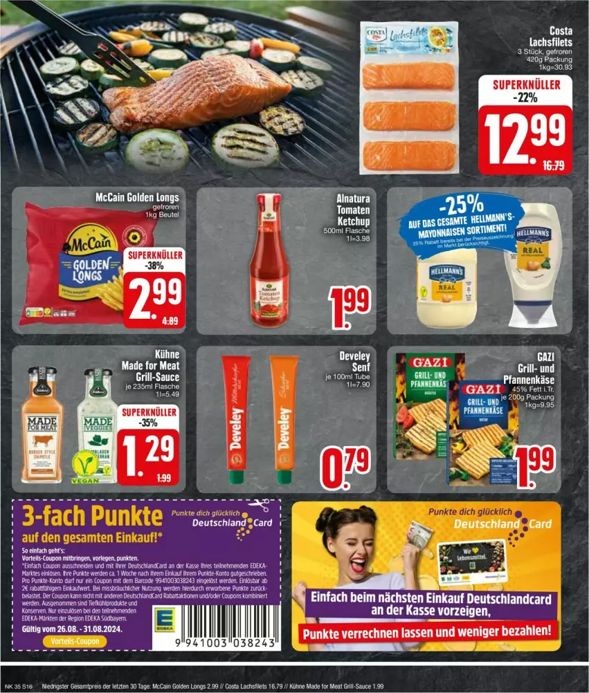 Aktueller Prospekt Edeka - Prospekte - von 26.08 bis 31.08.2024 - strona 16 - produkty: coupon, deka, deutschlandcard, eis, erde, filet, filets, flasche, Golden Longs, grill, ketchup, Kühne, lachs, lachsfilet, lachsfilets, mccain, reis, sauce, Ti, tomate, tomaten, tomaten ketchup, ZTE