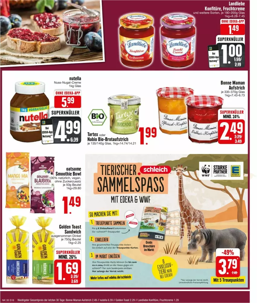 Aktueller Prospekt Edeka - Prospekte - von 26.08 bis 31.08.2024 - strona 18 - produkty: aufstrich, beutel, bio, bonne maman, brot, brotaufstrich, deka, eis, frucht, golden toast, konfitüre, landliebe, mac, mam, nutella, reis, sandwich, Ti, toast, ZTE