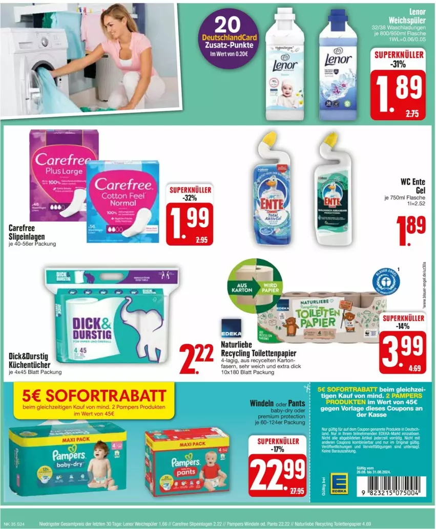 Aktueller Prospekt Edeka - Prospekte - von 26.08 bis 31.08.2024 - strona 24 - produkty: carefree, Clin, deutschlandcard, ente, flasche, küche, Küchen, küchentücher, natur, pampers, papier, slip, slipeinlagen, sofortrabatt, Ti, toilettenpapier, tücher