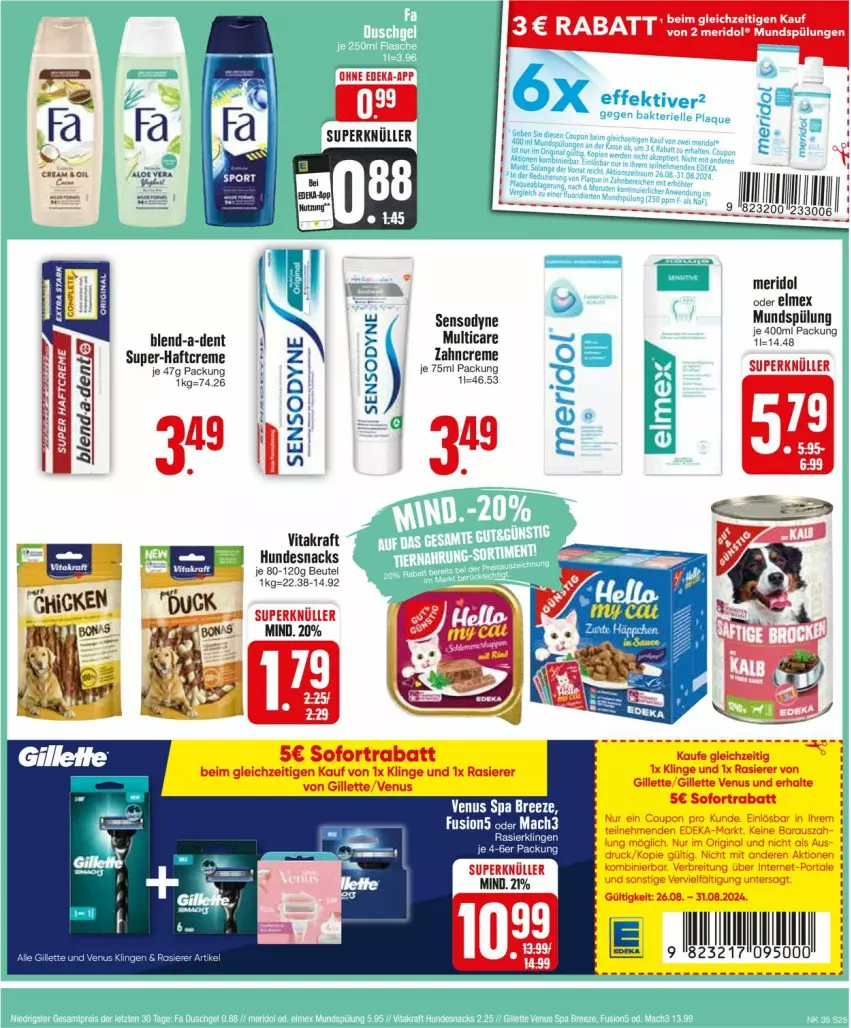 Aktueller Prospekt Edeka - Prospekte - von 26.08 bis 31.08.2024 - strona 25 - produkty: beutel, bree, Brei, coupon, deka, gillette, gillette venus, gin, hundesnack, hundesnacks, kraft, meridol, mundspülung, rasierer, snack, snacks, sofortrabatt, spülung, Ti, venus, vita, vitakraft