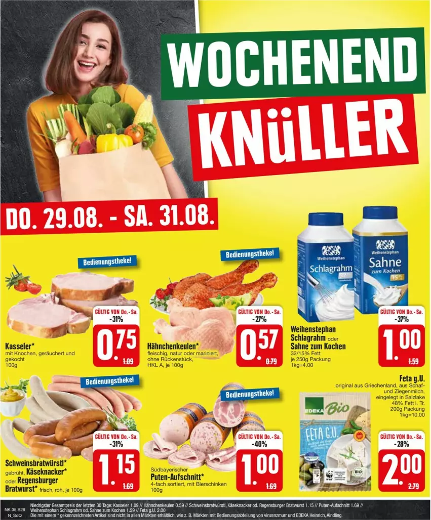 Aktueller Prospekt Edeka - Prospekte - von 26.08 bis 31.08.2024 - strona 26 - produkty: bier, bierschinken, bratwurst, burger, eis, feta, fleisch, gin, Käse, kasseler, knacker, milch, natur, pute, regensburger, sahne, salz, schinken, schlagrahm, schwein, Ti, weihenstephan, wein, wurst