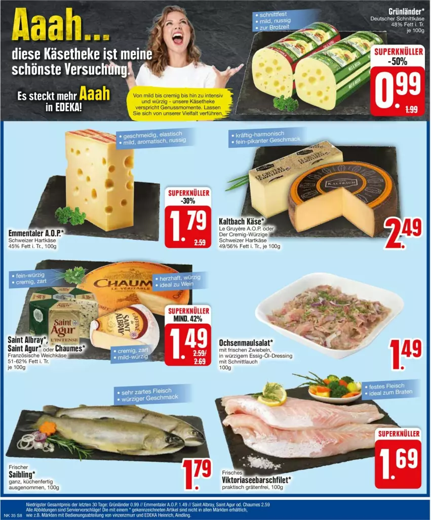 Aktueller Prospekt Edeka - Prospekte - von 26.08 bis 31.08.2024 - strona 8 - produkty: albray, dressing, emmentaler, ente, essig, filet, hartkäse, Käse, käsetheke, küche, Küchen, nuss, Ria, Saibling, Saint Agur, saint albray, salat, schnittlauch, schweizer hartkäse, tee, Ti, tisch, weichkäse, zwiebel, zwiebeln