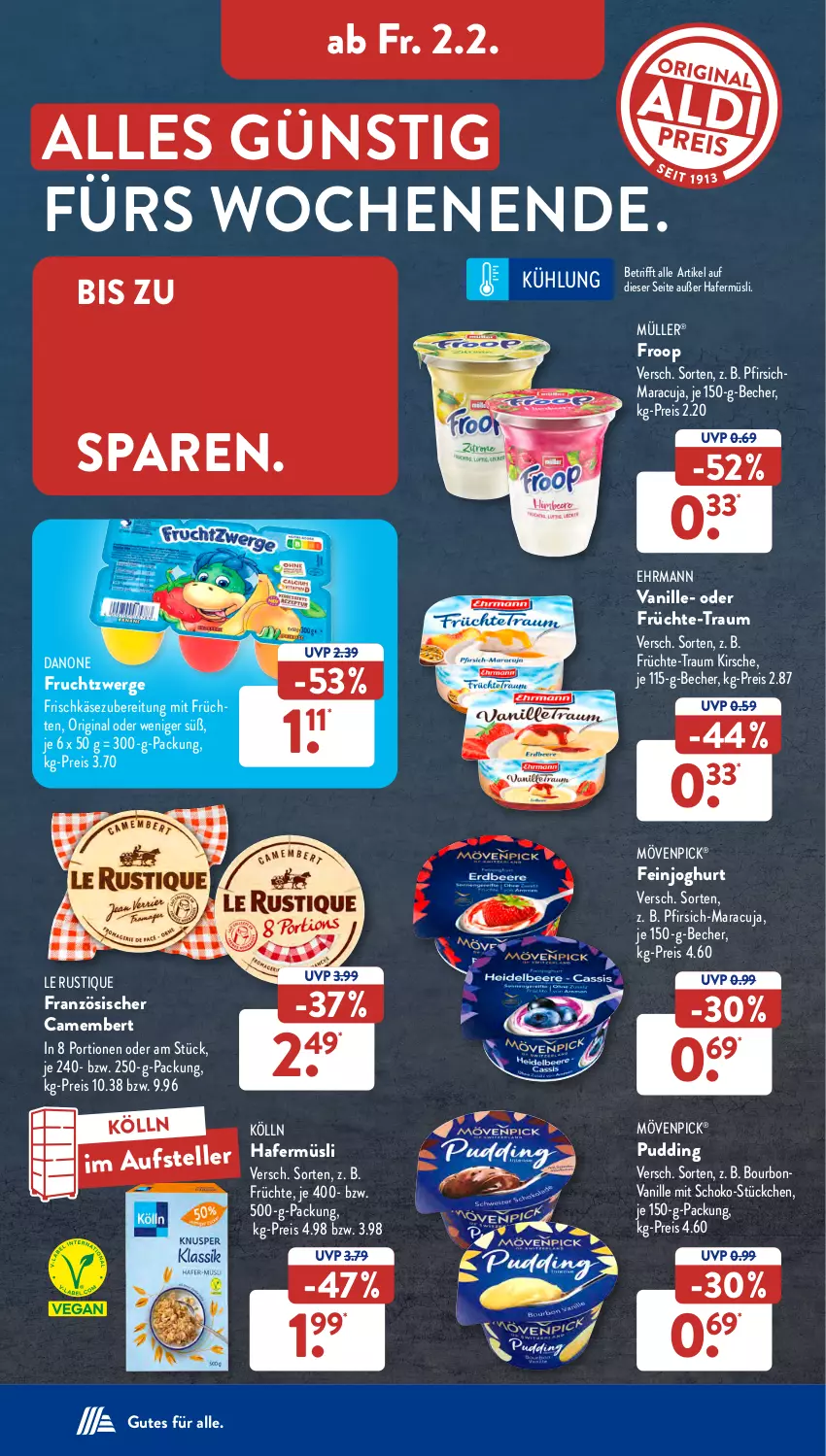 Aktueller Prospekt AldiSud - NÄCHSTE WOCHE - von 29.01 bis 03.02.2024 - strona 29 - produkty: Becher, bourbon, bourbonvanille, camembert, danone, danone fruchtzwerge, ehrmann, eis, elle, feinjoghurt, frischkäse, frischkäsezubereitung, froop, frucht, früchte, fruchtzwerge, gin, hafer, joghur, joghurt, Käse, kirsch, kirsche, kölln, Le Rustique, maracuja, mövenpick, Müller, müsli, pfirsich, pudding, reis, schoko, teller, Ti, vanille