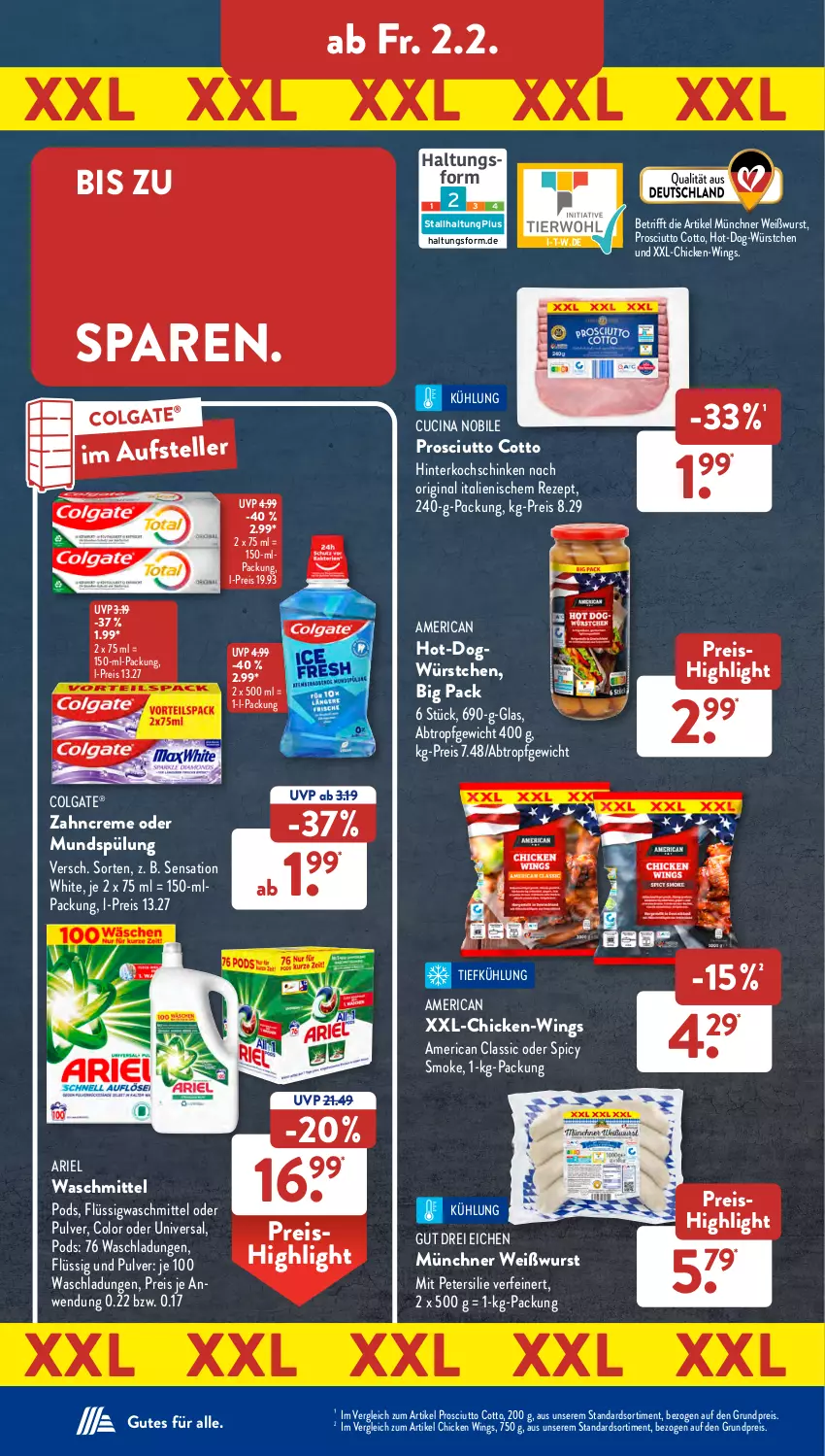 Aktueller Prospekt AldiSud - NÄCHSTE WOCHE - von 29.01 bis 03.02.2024 - strona 31 - produkty: ariel, ariel waschmittel, chicken wings, cin, colgate, creme, eis, elle, gin, hinterkochschinken, kochschinken, LG, mundspülung, petersilie, Pods, prosciutto, prosciutto cotto, reis, rezept, schinken, spülung, teller, Ti, waschmittel, Weißwurst, wurst, würstchen, zahncreme