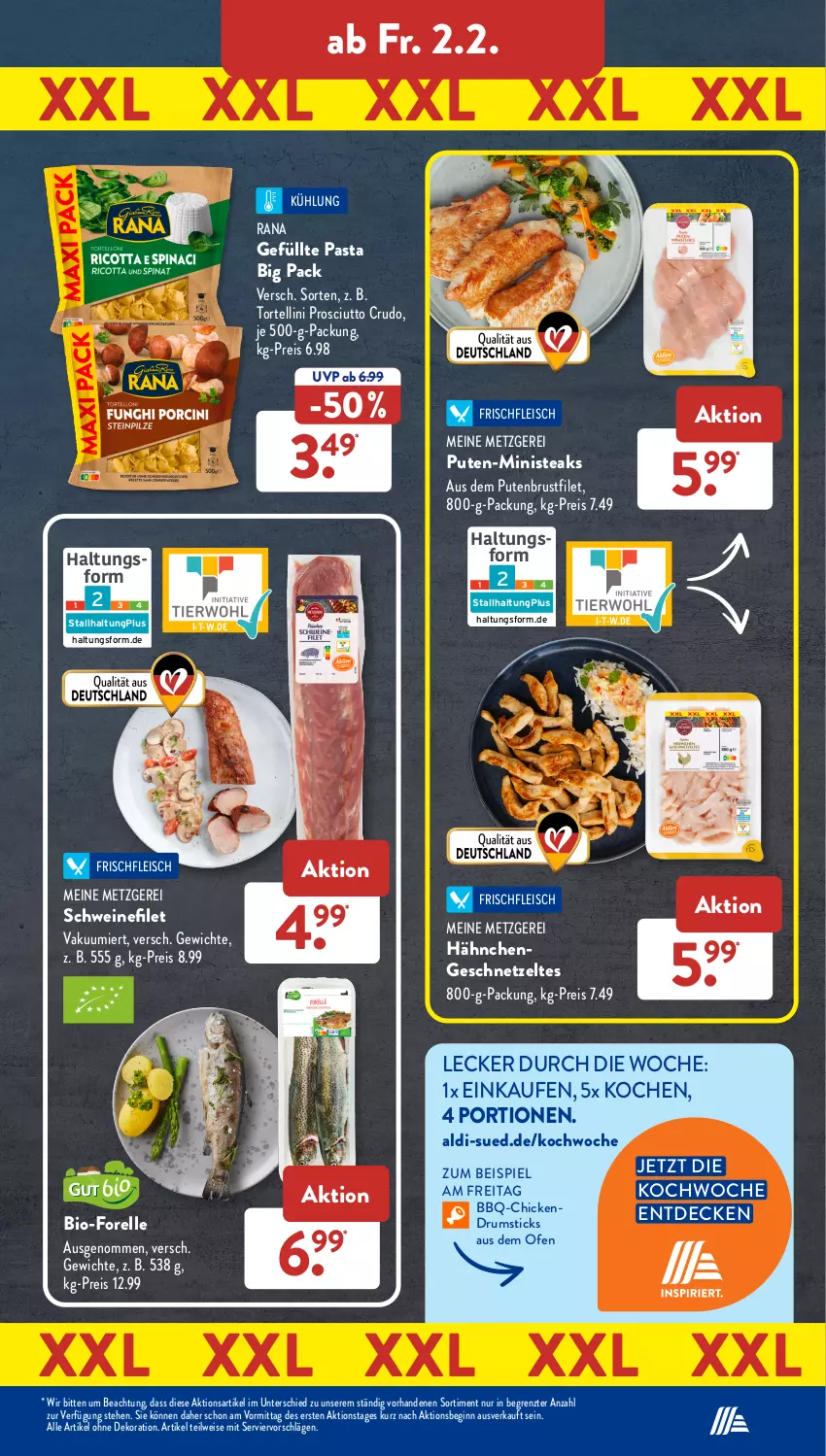 Aktueller Prospekt AldiSud - NÄCHSTE WOCHE - von 29.01 bis 03.02.2024 - strona 32 - produkty: aldi, alle artikel ohne dekoration, bio, brustfilet, decke, dekoration, eis, elle, filet, fleisch, forelle, geschnetzeltes, gin, Hähnchengeschnetzeltes, Ofen, pasta, prosciutto, prosciutto crudo, pute, putenbrust, putenbrustfilet, Rana, reis, rel, rum, schwein, schweine, schweinefilet, steak, steaks, Ti, torte, tortellini, wein, weine, Zelt, ZTE