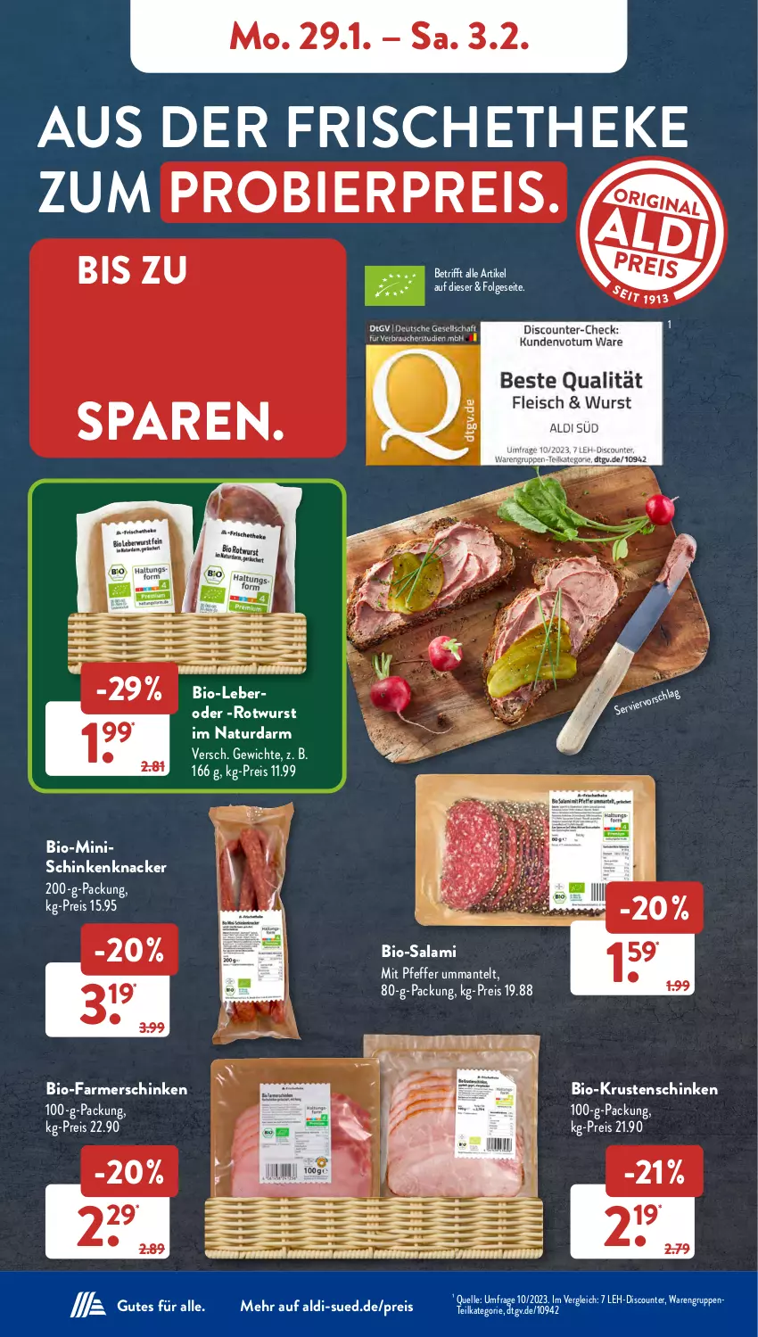 Aktueller Prospekt AldiSud - NÄCHSTE WOCHE - von 29.01 bis 03.02.2024 - strona 8 - produkty: aldi, bier, bio, Bio-Salami, discount, eis, elle, ente, farmerschinken, knacker, Krustenschinken, LG, Mantel, natur, pfeffer, reis, Rotwurst, salami, schinken, Ti, wurst