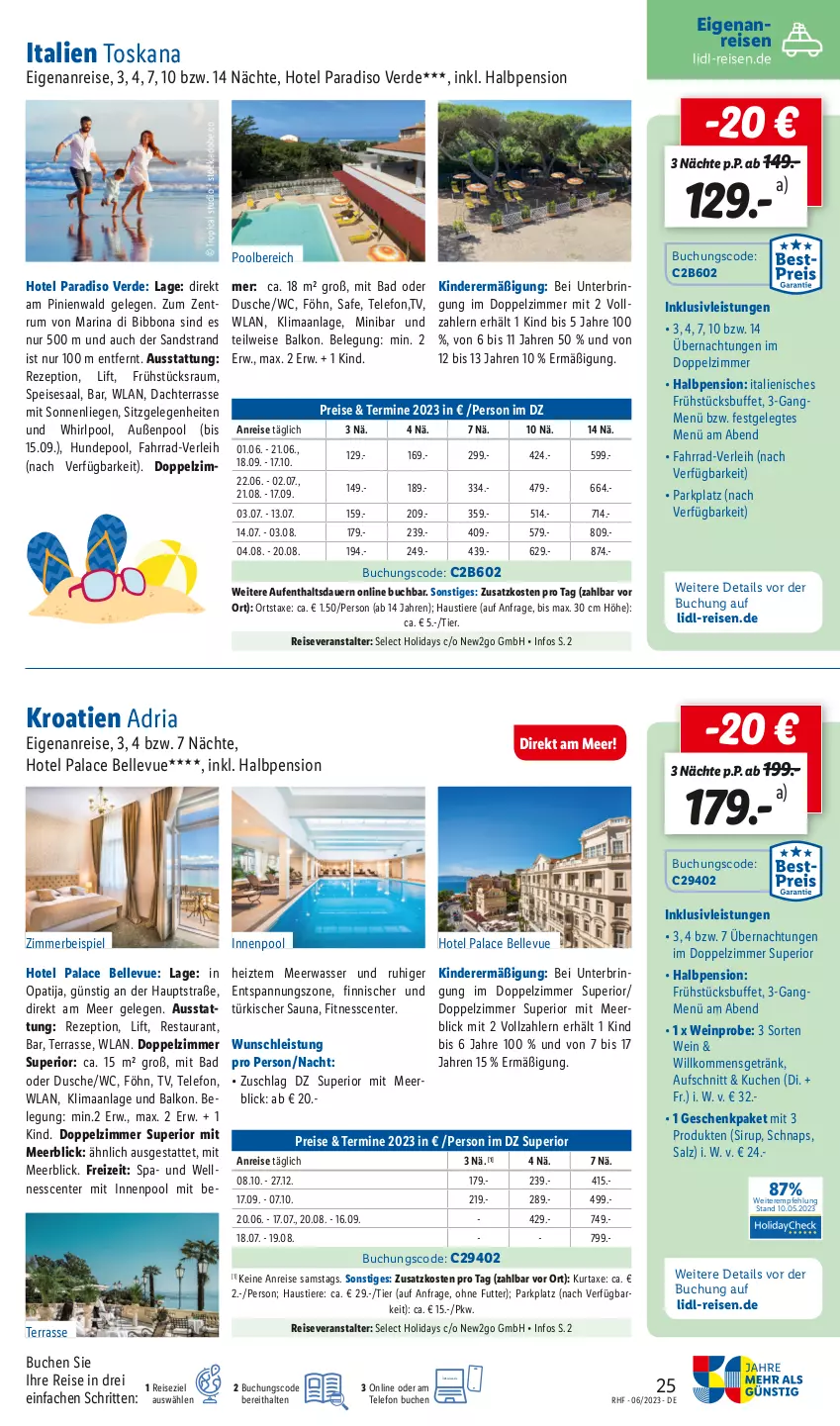 Aktueller Prospekt Lidl - Monatliche Reise-Highlights - von 31.05 bis 30.06.2023 - strona 25 - produkty: auer, aufschnitt, aust, axe, Bad, Bona, buch, dusche, eis, elle, ente, erde, Fahrrad, getränk, gin, inklusivleistungen, innenpool, Kinder, kuchen, kurtaxe, Liege, Meerwasser, pool, reis, reiseveranstalter, rezept, Ria, rum, salz, sim, sirup, sonnenliege, Stier, telefon, Ti, Tiere, wasser, wein, Whirlpool, zimmerbeispiel, ZTE