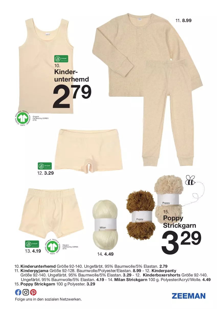 Aktueller Prospekt Zeeman - Prospekte - von 12.10 bis 18.10.2024 - strona 7 - produkty: Bau, baumwolle, hemd, Kinder, LG, panty, Popp, Pyjama, shorts, Strickgarn, Ti, Unterhemd, wolle