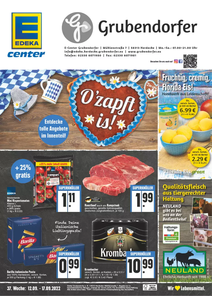 Aktueller Prospekt E Center - Angebote der Woche - von 12.09 bis 17.09.2022 - strona 1 - produkty: barilla, Becher, beef, decke, deka, eis, ente, erde, fleisch, hartweizen, italienische pasta, jungbullen, krombache, krombacher, lebensmittel, pasta, rispentomaten, roastbeef, rum, rumpsteak, Schal, Schale, spaghetti, steak, tee, telefon, Ti, tomate, tomaten, uhr