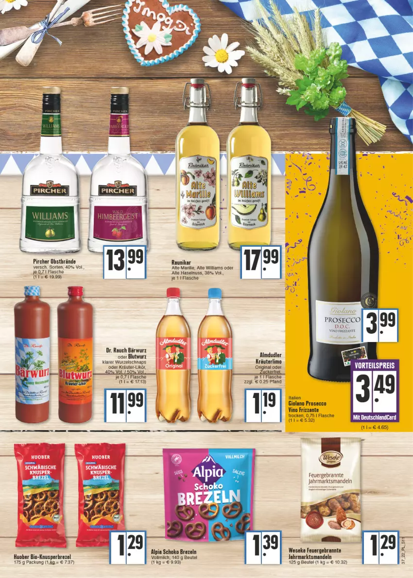 Aktueller Prospekt E Center - Angebote der Woche - von 12.09 bis 17.09.2022 - strona 11 - produkty: almdudler, alpia, beutel, bio, brezel, Brezeln, ecco, eis, flasche, frizzante, gin, haselnuss, huober, kräuter, likör, limo, mandel, mandeln, milch, nuss, obst, oder kräuter, pircher, prosecco, Rauch, reis, schoko, vollmilch, vorteilspreis