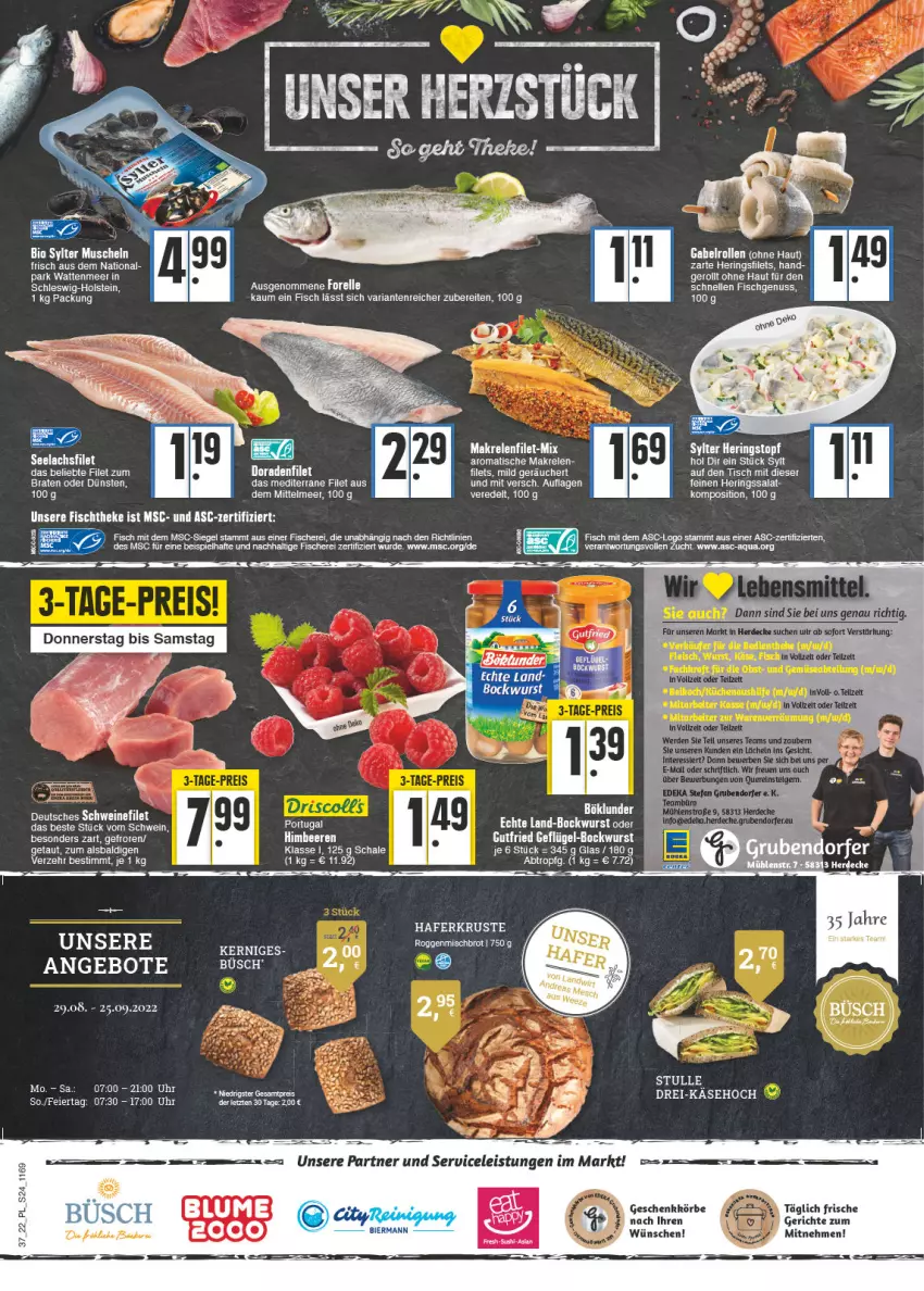 Aktueller Prospekt E Center - Angebote der Woche - von 12.09 bis 17.09.2022 - strona 24 - produkty: aldi, angebot, angebote, aqua, beere, beeren, bio, bockwurst, braten, brot, decke, Dorade, eier, eis, elle, erde, filet, filets, fisch, fische, Fischer, forelle, gabel, hafer, hering, Herings, heringsfilets, himbeer, himbeere, himbeeren, lachs, lachsfilet, Makrele, Muscheln, nuss, reis, rel, Ria, ring, salat, Schal, Schale, Schere, schwein, seelachsfilet, Sylter, Ti, tisch, topf, uhr, wein, wurst, ZTE