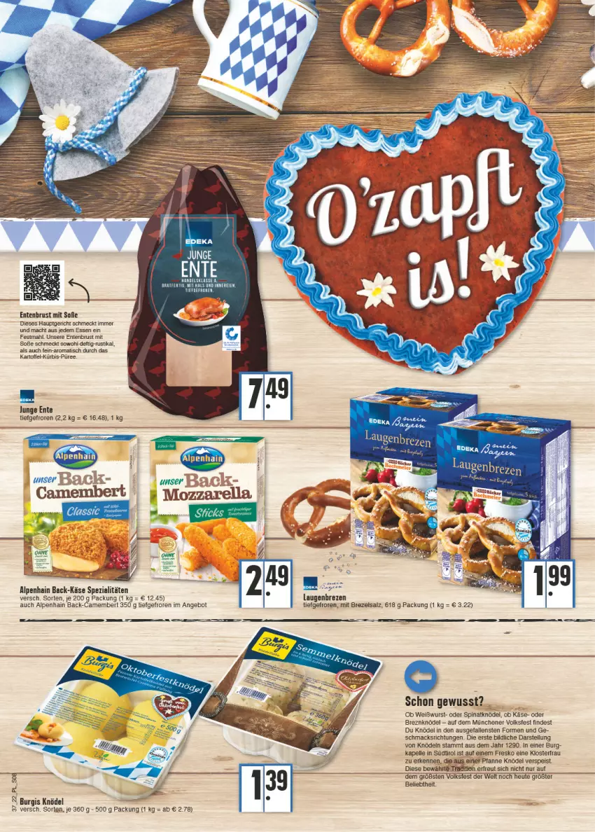 Aktueller Prospekt E Center - Angebote der Woche - von 12.09 bis 17.09.2022 - strona 8 - produkty: Alpenhain, angebot, brezel, camembert, eis, elle, ente, Entenbrust, Heu, kartoffel, Käse, Knödel, Kürbis, mac, pfanne, püree, salz, Soße, Spezi, spinat, tee, Ti, tisch, Weißwurst, wurst