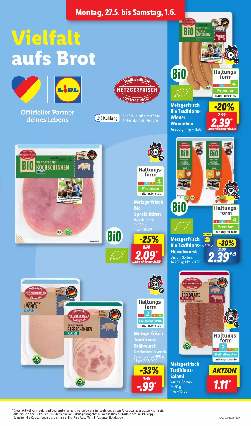 Aktueller Prospekt Lidl - Aktionsprospekt - von 27.05 bis 01.06.2024 - strona 9 - produkty: aktionspreis, angebot, bio, brot, Brühwurst, coupon, eis, fleisch, fleischwurst, reis, salami, schnitten, Spezi, Ti, wiener, wiener würstchen, wurst, würstchen, ZTE