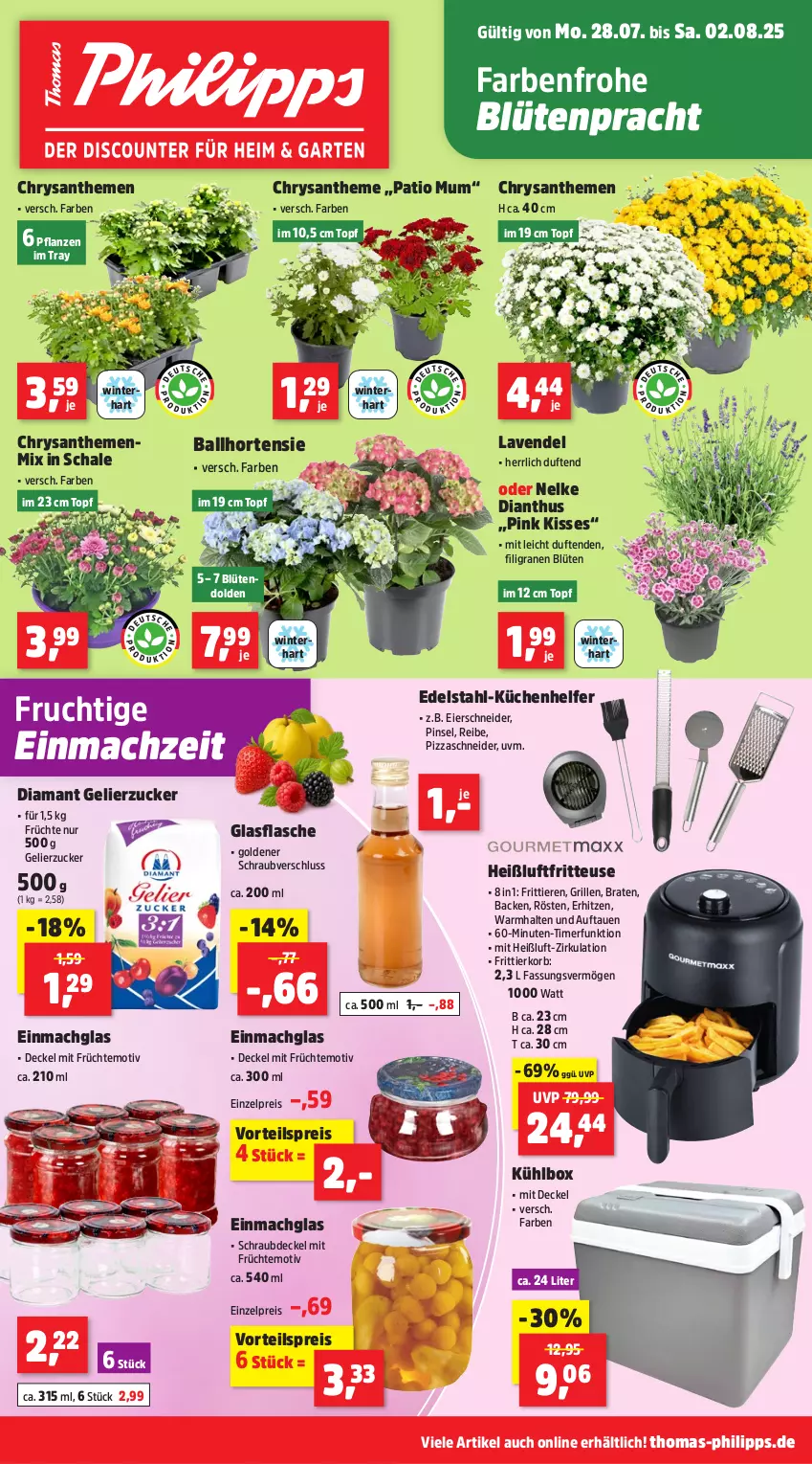 Aktueller Prospekt Thomas Philipps - von 28.07 bis 02.08.2025 - strona 1 - produkty: ball, Blüte, braten, chrysanthemen, decke, Deckel, edelstahl, eier, einmachglas, eis, flasche, fritteuse, Frittierkorb, frucht, früchte, gelierzucker, glasflasche, grill, Heißluftfritteuse, hortensie, korb, küche, Küchen, Küchenhelfer, kühlbox, lavendel, mac, pflanze, pflanzen, Pinsel, pizza, reis, Schal, Schale, Ti, Tiere, timer, topf, vorteilspreis, zucker