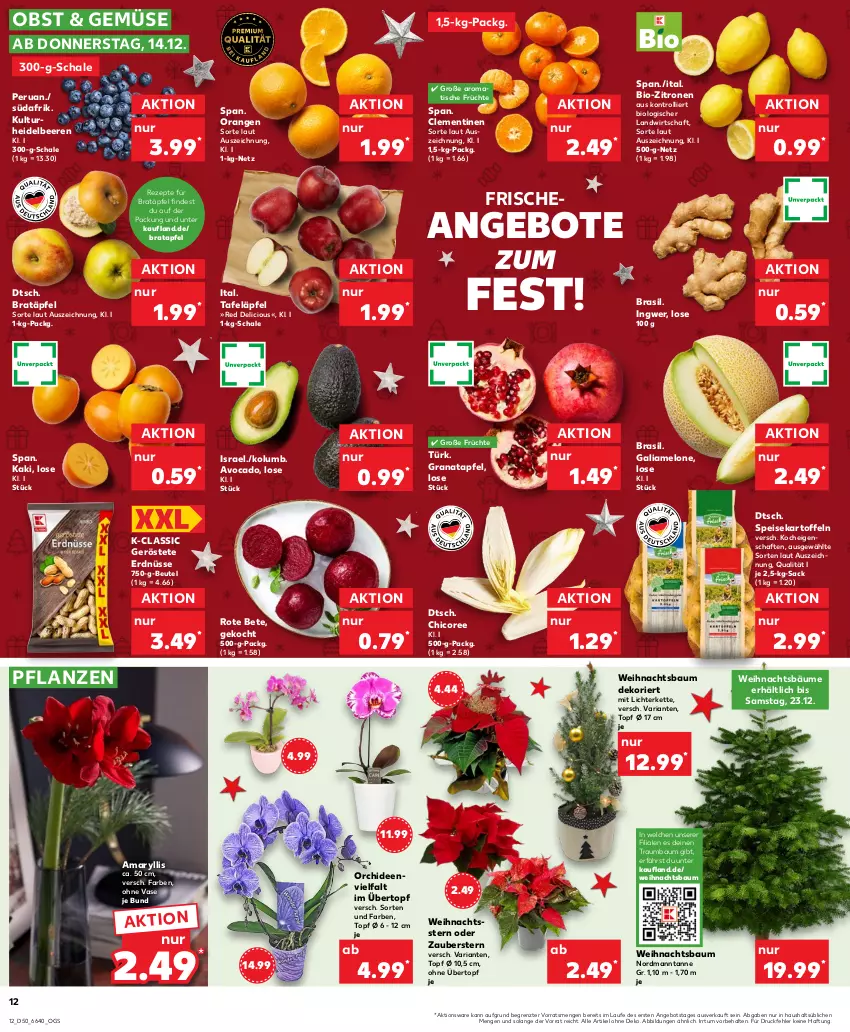 Aktueller Prospekt Kaufland - Prospekt - von 14.12 bis 20.12.2023 - strona 12 - produkty: angebot, angebote, apfel, avocado, Bau, beere, beeren, beutel, bio, bio-zitronen, clementinen, eis, erdnüsse, früchte, galiamelone, grana, granatapfel, heidelbeere, heidelbeeren, ingwer, Kaki, kartoffel, kartoffeln, Kette, lichterkette, melone, obst, orange, orangen, orchidee, orchideen, pflanze, pflanzen, Rana, rezept, rezepte, Ria, rote bete, sac, Schal, Schale, speisekartoffeln, tafeläpfel, Ti, tisch, topf, trolli, übertopf, Vase, Weihnachtsbaum, Weihnachtsstern, zitrone, zitronen, ZTE