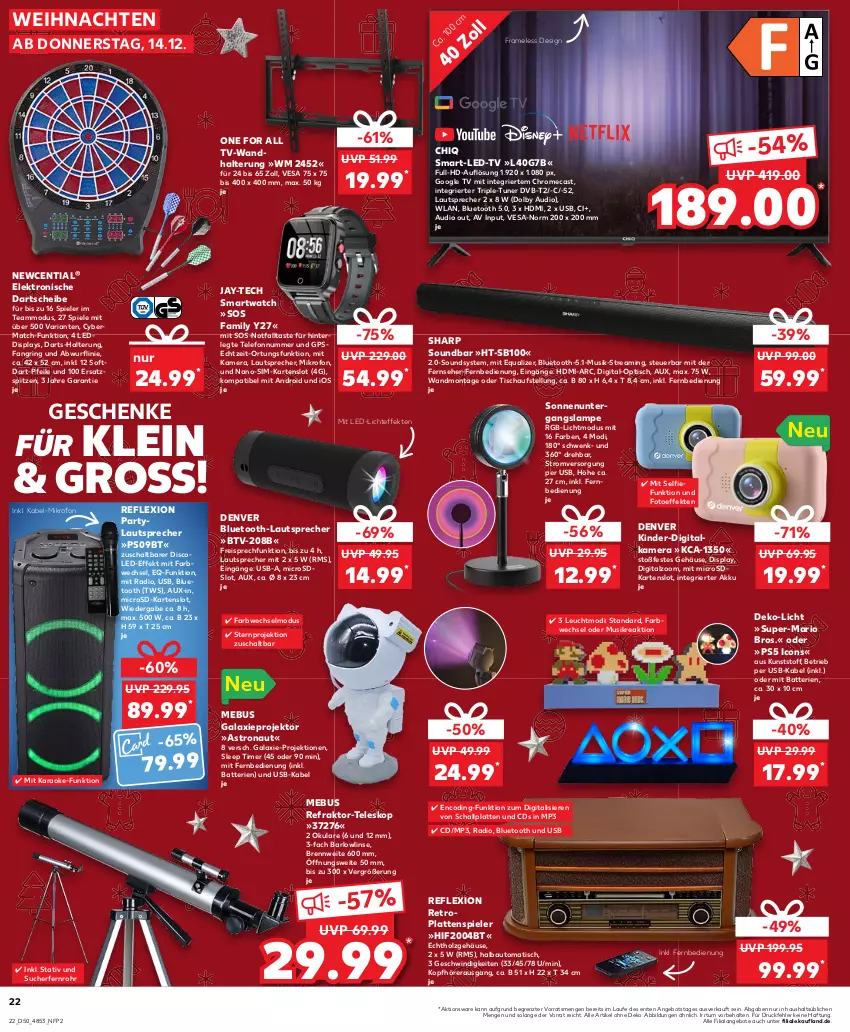 Aktueller Prospekt Kaufland - Prospekt - von 14.12 bis 20.12.2023 - strona 22 - produkty: akku, angebot, angebote, arlo, auto, batterie, batterien, Bau, bluetooth-lautsprecher, digitalkamera, dvb, DVB-T, eis, Elektro, fernbedienung, fernseher, GPS, gsw, HDMI, Holz, kamera, Kinder, kopfhörer, Lampe, latte, lautsprecher, lays, led-licht, microsd, mit fernbedienung, Mp3, Projektor, Radio, reis, Ria, ring, Schal, Sharp, sim, smartwatch, soundbar, Spiele, telefon, Teleskop, Ti, timer, tisch, tuner, usb, wandhalterung, weihnachten, ZTE