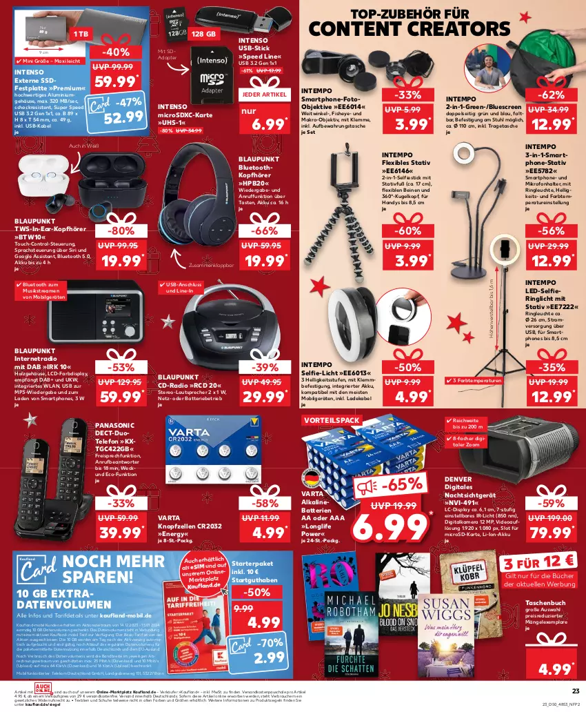 Aktueller Prospekt Kaufland - Prospekt - von 14.12 bis 20.12.2023 - strona 23 - produkty: adapter, akku, aufbewahrungstasche, auto, batterie, batterien, blaupunkt, Brei, buch, deka, deo, digitalkamera, eis, elle, erde, festplatte, Handy, Holz, HP, in-ear-kopfhörer, intenso, kamera, kopfhörer, Kugel, ladekabel, latte, lautsprecher, Leuchte, LG, li-ion-akku, longlife, microsd, microsdxc, Mp3, ndk, panasonic, Radio, Rauch, reis, ring, Schal, Schale, schuhe, sim, smartphone, smartphones, spee, ssd, stuhl, Tasche, taschen, Taschenbuch, telefon, Tempo, Ti, tisch, tragetasche, usb, varta, versandkostenfrei, weck, ZTE