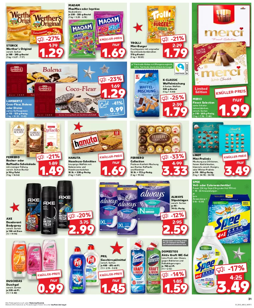 Aktueller Prospekt Kaufland - Prospekt - von 14.12 bis 20.12.2023 - strona 31 - produkty: Alwa, Always, Amber, angebot, angebote, axe, beutel, body, bodyspray, bonbons, burger, Cap, colorwaschmittel, creme, deo, deodorant, domestos, duschdas, duschgel, eis, elle, ferrero, Ferrero Rocher, frucht, fruchtgummi, geschirr, geschirrspülmittel, gin, hanuta, haselnuss, kaffee, kakao, kraft, lambertz, leine, lindt, mac, maoam, merci, nuss, pralinen, pril, raffaello, schnitten, schoko, schokolade, schokoladen, slip, slipeinlagen, spee, spülmittel, storck, Ti, trolli, waffeln, waschmittel, wc-gel, werther's