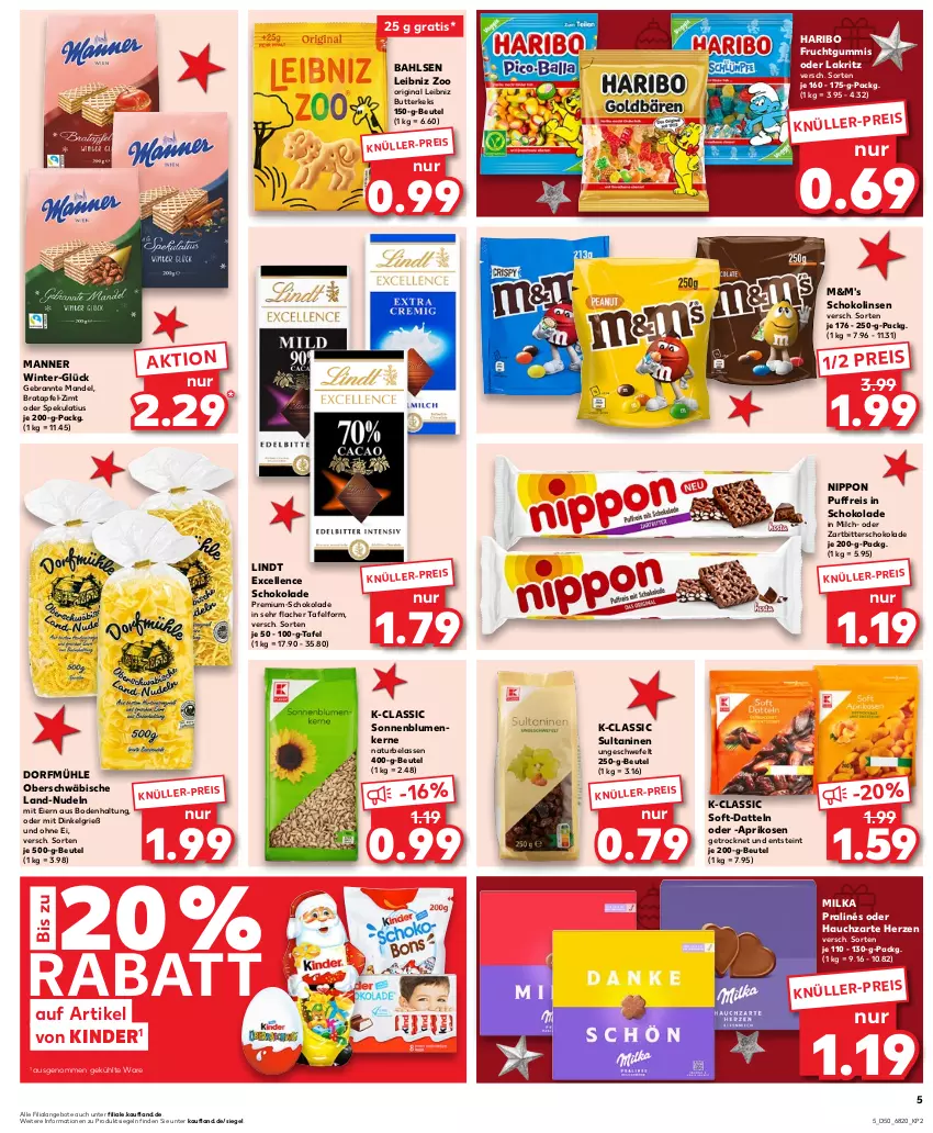 Aktueller Prospekt Kaufland - Prospekt - von 14.12 bis 20.12.2023 - strona 5 - produkty: angebot, angebote, apfel, aprikose, aprikosen, bahlsen, beutel, blume, blumen, butter, butterkeks, Datteln, eier, eis, elle, frucht, fruchtgummi, fruchtgummis, gin, haribo, keks, Kinder, Lakritz, leibniz, LG, lindt, linsen, mandel, Manner, milch, milka, natur, nippon, nudel, nudeln, oder lakritz, reis, schoko, schokolade, Schokolinsen, sonnenblume, sonnenblumen, Sonnenblumenkerne, Ti, Zartbitterschokolade