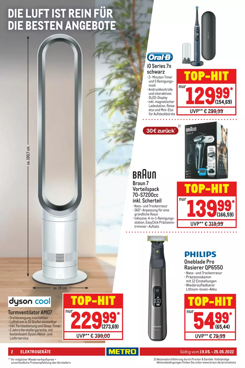 Aktueller Prospekt Metro - NonFood - von 19.05 bis 25.05.2022 - strona 2 - produkty: akku, angebot, angebote, braun, bürste, Dyson, eis, Elektro, elektrogeräte, elle, fernbedienung, lieferservice, rasierer, Reinigung, reis, Schal, teller, Ti, timer, tisch, top-hit, turmventilator, ventilator