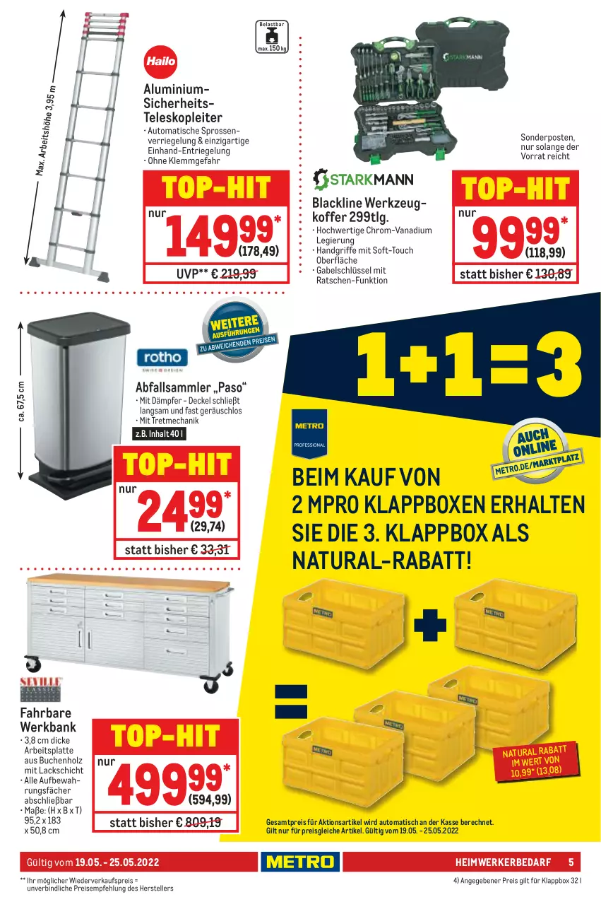 Aktueller Prospekt Metro - NonFood - von 19.05 bis 25.05.2022 - strona 5 - produkty: arbeitsplatte, auto, Bank, buch, decke, Deckel, eis, elle, gabel, Holz, Klappbox, koffer, lack, latte, LG, natur, natura, reis, riegel, sonderposten, Teleskop, teller, Ti, tisch, top-hit, werkzeug