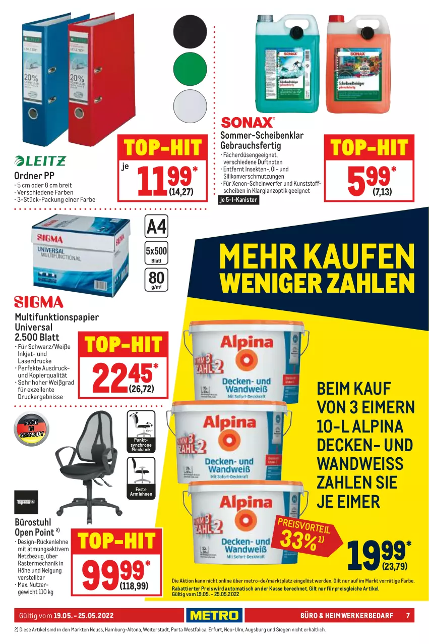 Aktueller Prospekt Metro - NonFood - von 19.05 bis 25.05.2022 - strona 7 - produkty: alpina, armlehnen, auto, Brei, decke, drucker, eimer, eis, elle, ente, erde, Metro, ordner, papier, Rauch, reis, rückenlehne, sekt, stuhl, Ti, tisch, top-hit