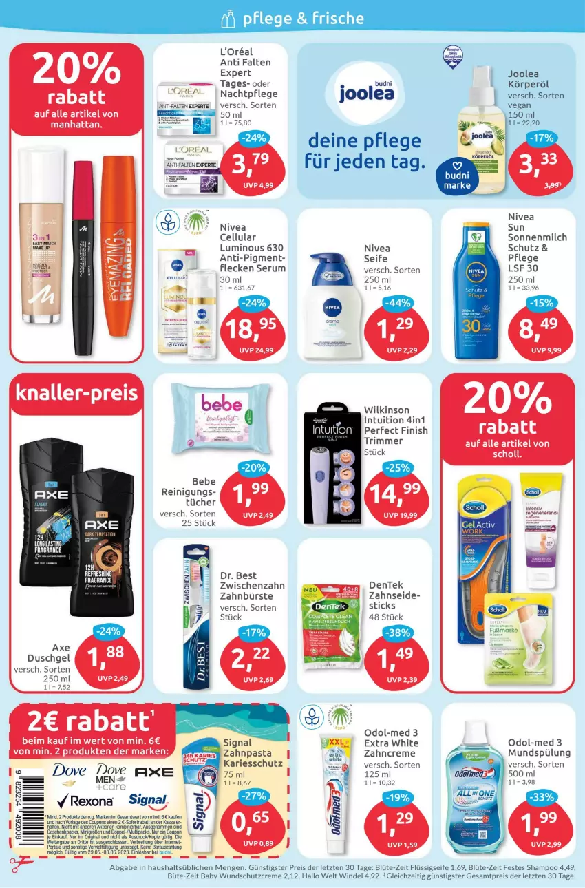 Aktueller Prospekt Budni - Prospekte - von 30.05 bis 03.06.2023 - strona 2 - produkty: aigner, axe, axe duschgel, Baby Wundschutzcreme, Bebe, Blüte, Brei, bürste, coupon, creme, Dr. Best, duschgel, eis, ente, Finish, flüssigseife, gin, make up, milch, mundspülung, nachtpflege, nivea, nivea sun, Odol, Odol-med 3, pasta, Reinigung, reis, rexona, rum, Schutzcreme, Seife, Serum, shampoo, Signal, sofortrabatt, sonnenmilch, spülung, Ti, tücher, wilkinson, zahnbürste, zahncreme, zahnpasta, Zahnseide, ZTE