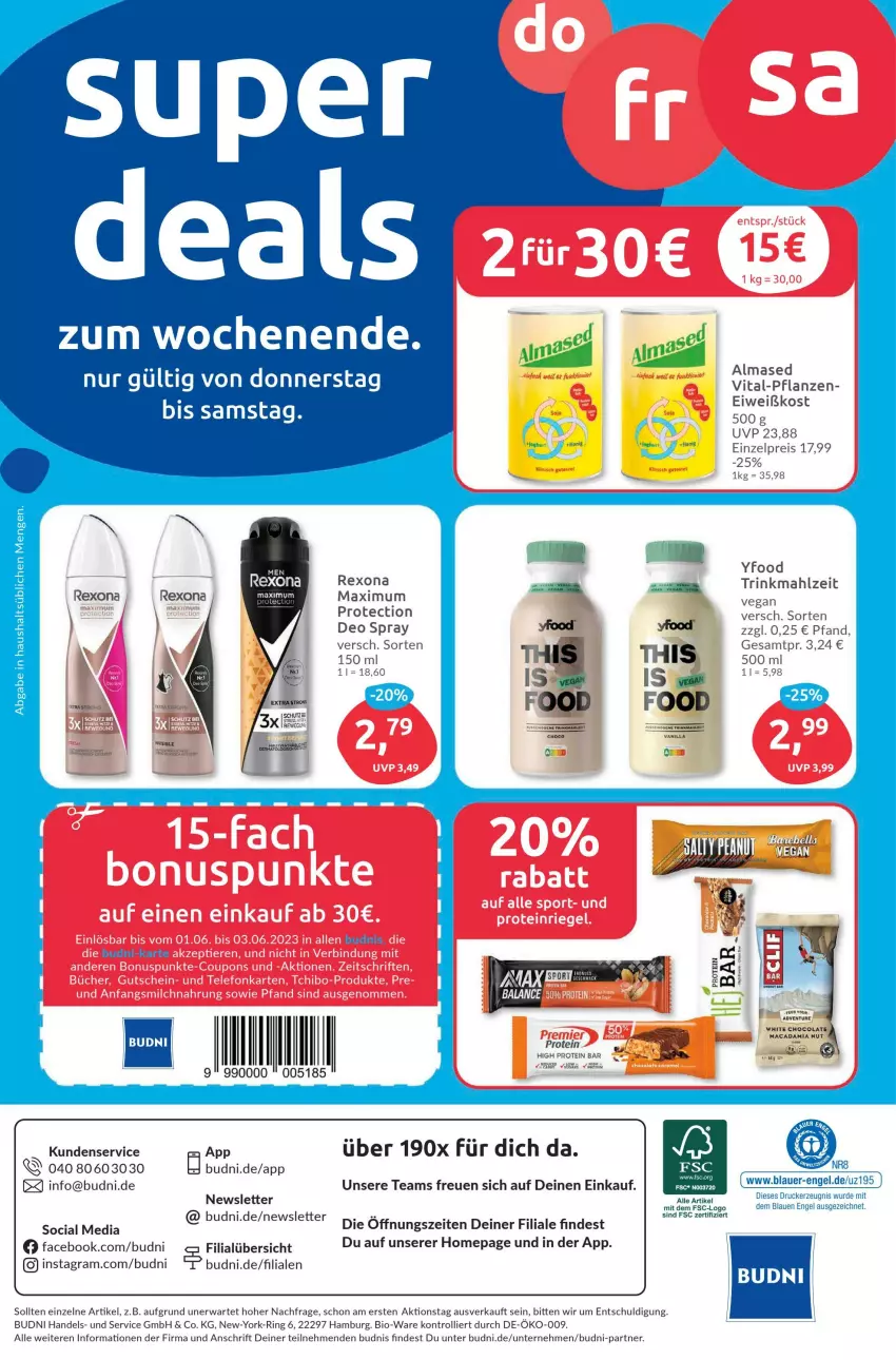 Aktueller Prospekt Budni - Prospekte - von 30.05 bis 03.06.2023 - strona 8 - produkty: Almased, auer, bio, cola, deo, deo spray, drucker, eis, Engel, erde, kerze, LG, mac, macadamia, Omep, reis, rexona, ring, tee, Ti, trolli, white chocolate, Yo