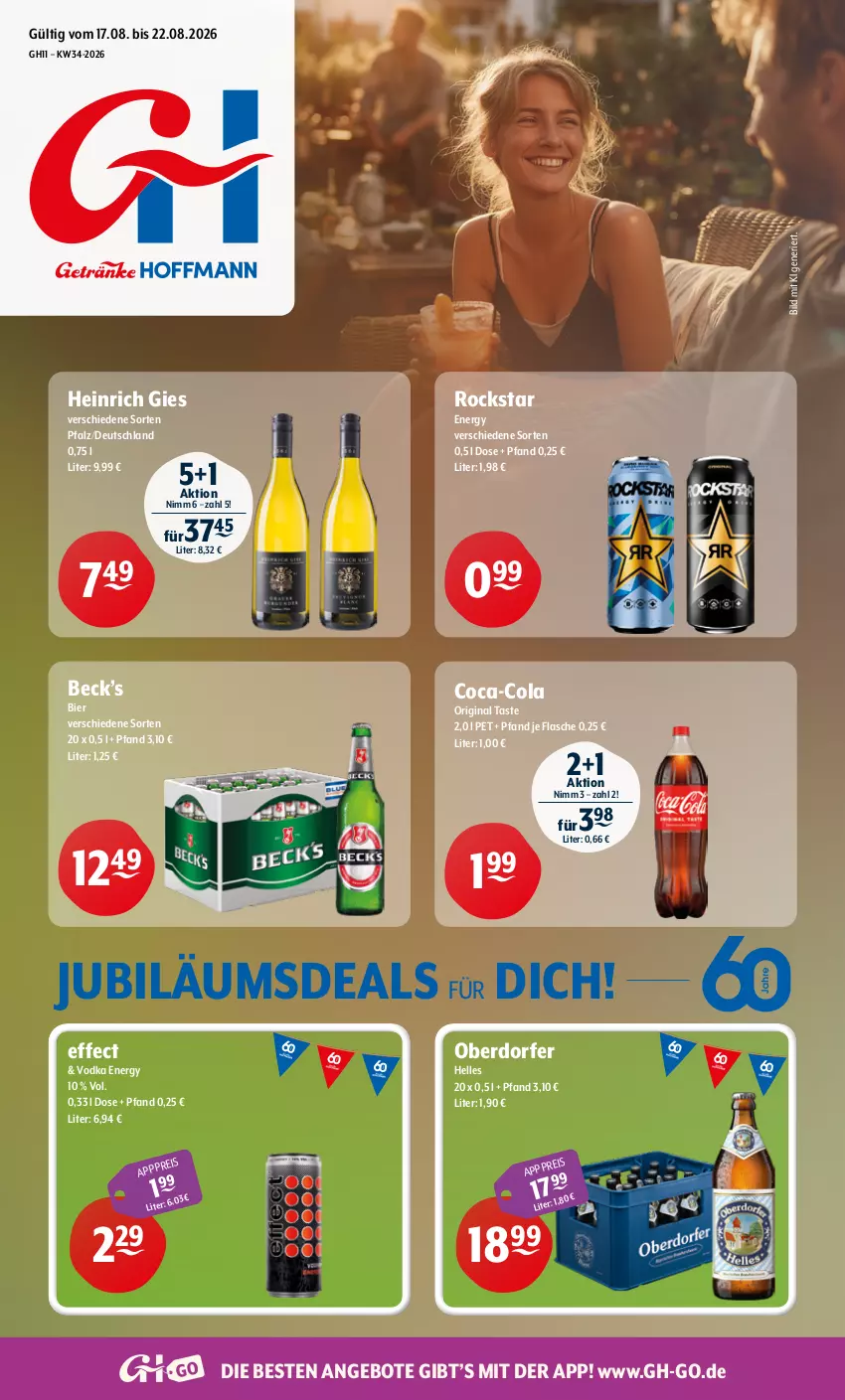 Aktueller Prospekt Getraenke Hoffmann - Prospekte - von 17.08 bis 22.08.2026 - strona 1 - produkty: angebot, angebote, bier, coca-cola, cola, Effect, eis, elle, flasche, gin, Jubiläums, Rockstar, Ti, vodka