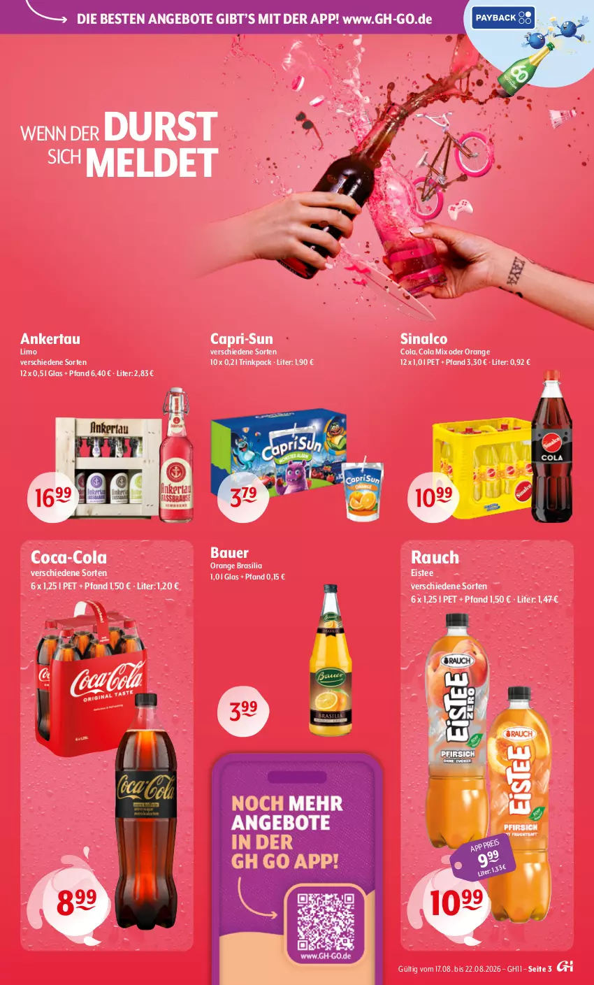 Aktueller Prospekt Getraenke Hoffmann - Prospekte - von 17.08 bis 22.08.2026 - strona 3 - produkty: angebot, angebote, auer, Bau, Bauer, Cap, capri-sun, coca-cola, cola, eis, eistee, limo, orange, Rauch, sinalco, tee, Ti
