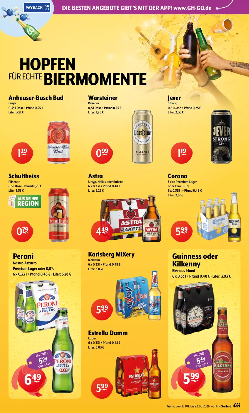 Aktueller Prospekt Getraenke Hoffmann - Prospekte - von 17.08 bis 22.08.2026 - strona 6 - produkty: angebot, angebote, Astra, bier, corona, corona extra, eis, elle, ente, Estrella Damm, Guinness, Heu, jever, karlsberg, karlsberg mixery, Kilkenny, Mixer, mixery, Peroni, pils, pilsener, rel, Schultheiss, steiner, Ti, urtyp, warsteiner