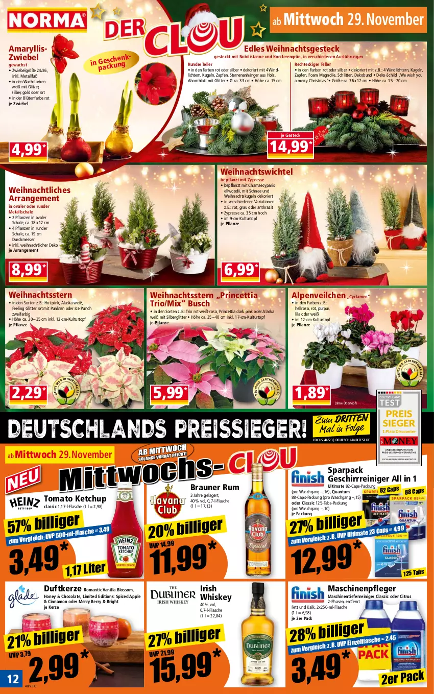 Aktueller Prospekt Norma - Norma - von 27.11 bis 04.12.2023 - strona 12 - produkty: Alpenveilchen, Anhänger, Apple, Blüte, braun, Cap, cin, citrus, cola, Duftkerze, eis, elle, flasche, geschirr, hama, Holz, irish whiskey, kerze, ketchup, Konifere, Kugel, kulturtopf, LG, Maschinenpfleger, messer, pflanze, pflanzen, reiniger, reis, reiss, Ria, rum, Schal, Schale, Schlitten, teller, Ti, tomato ketchup, topf, übertopf, Weihnachtskugeln, Weihnachtsstern, whiskey, Wichtel, windlicht, Yo, zwiebel