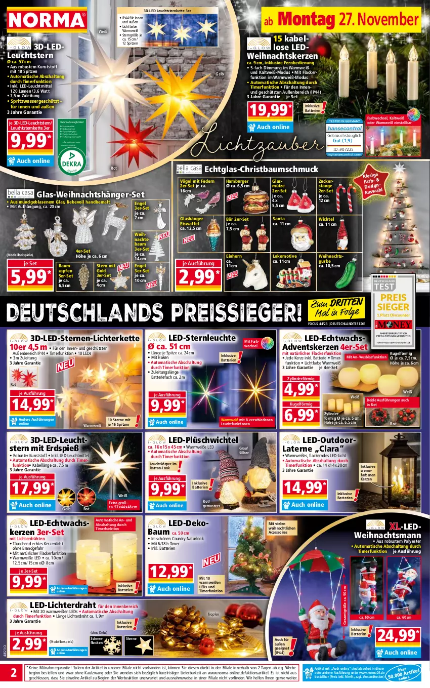 Aktueller Prospekt Norma - Norma - von 27.11 bis 04.12.2023 - strona 2 - produkty: ACC, accessoires, auto, batterie, batterien, Bau, Baumschmuck, Bebe, burger, creme, Dekobaum, dell, Draht, Echtwachskerzen, eis, elle, Engel, fernbedienung, gin, gurke, hamburger, kerze, Kette, Kugel, lack, Lacke, laterne, led-licht, leds, Leuchte, leuchtmittel, LG, lichterkette, Mode, Mütze, natur, ndk, Plüsch, reis, reiss, Schal, Schmuck, Spiele, Ti, timer, tisch, usb, wasser, Weihnachtsbaum, Weihnachtskerzen, Wichtel, ZTE, zucker