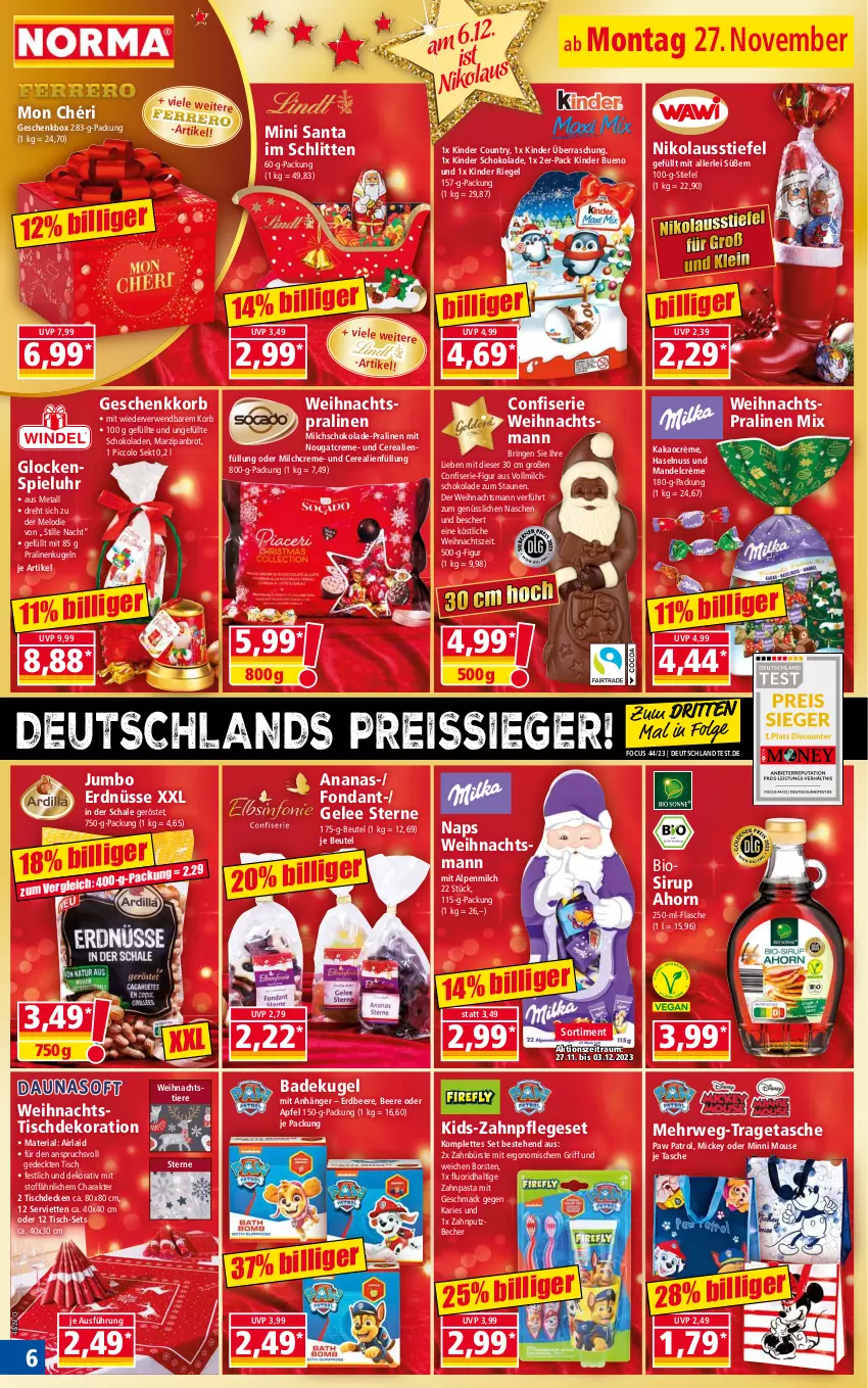 Aktueller Prospekt Norma - Norma - von 27.11 bis 04.12.2023 - strona 6 - produkty: alpenmilch, ananas, Anhänger, apfel, Bad, Becher, beere, beutel, bio, brot, bürste, cerealien, creme, decke, dekoration, eis, erdbeere, erdnüsse, flasche, gelee, Geschenkbox, haselnuss, jumbo, kakao, Kinder, kinder bueno, kinder country, kinder riegel, kinder schokolade, korb, Kugel, LG, mac, mandel, marzipan, milch, Mon Chéri, Nougatcreme, nuss, pasta, Paw Patrol, pralinen, reis, reiss, Ria, riegel, ring, rwe, Schal, Schale, Schlitten, schoko, schokolade, schokoladen, sekt, Serviette, servietten, sirup, Stier, Tasche, Ti, Tiere, tisch, tischdecke, tragetasche, uhr, vollmilch, zahnbürste, zahnpasta