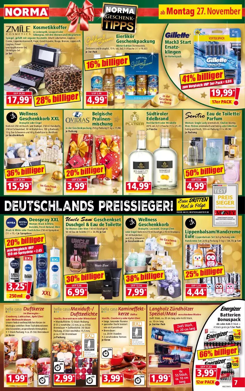 Aktueller Prospekt Norma - Norma - von 27.11 bis 04.12.2023 - strona 7 - produkty: apfel, auer, Bad, balsam, batterie, batterien, Bau, beere, beeren, Belgische Pralinen, body, bodylotion, cranberry, creme, dekoration, deo, deospray, Duftkerze, Duftteelichte, duschgel, eau de toilette, eier, eierlikör, eis, elle, Engel, flasche, geschenkpackung, geschenkset, handcreme, Handseife, Holz, Kamin, kerze, koffer, korb, kosmetik, kuchen, lack, lamm, lavendel, Lebkuchen, LG, likör, Lipgloss, Lippenbalsam, Lippenstift, Lotion, mac, mach3, natur, natura, orange, parfum, Pinsel, pralinen, reis, reiss, rouge, salz, schaumbad, schwamm, Seife, shampoo, Spezi, spiegel, südtiroler, tee, Teelicht, teelichte, Ti, tisch, vanille, Weihnachtsbaum