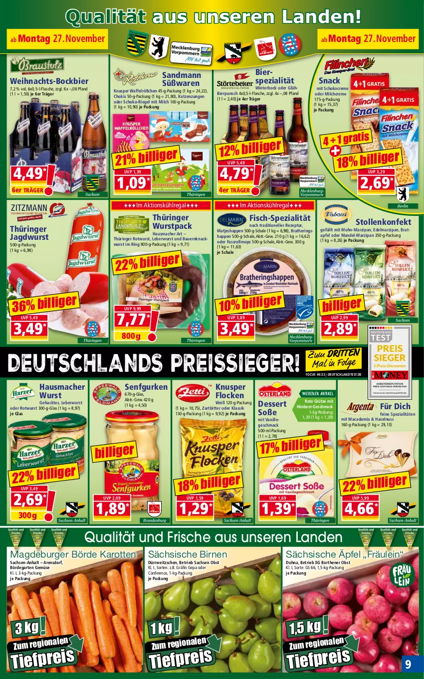 Aktueller Prospekt Norma - Norma - von 27.11 bis 04.12.2023 - strona 9 - produkty: apfel, auer, Bau, Bauer, bier, Birnen, burger, creme, dessert, Edelmarzipan, eis, elle, fisch, flasche, fleisch, Fleischerei, Garten, grütze, gurke, gurken, haselnuss, Hausmacher, hering, Herings, Heringshappen, himbeer, jagdwurst, karotten, kühlregal, leberwurst, LG, mac, macadamia, mandel, marzipan, matjes, milch, nuss, obst, regal, reis, reiss, rezept, riegel, ring, Rote Grütze, Rotwurst, rwe, sac, Schal, Schale, Schere, schoko, senf, snack, Soße, Spezi, Stollen, Ti, tiefpreis, vanille, Waffelröllchen, wurst