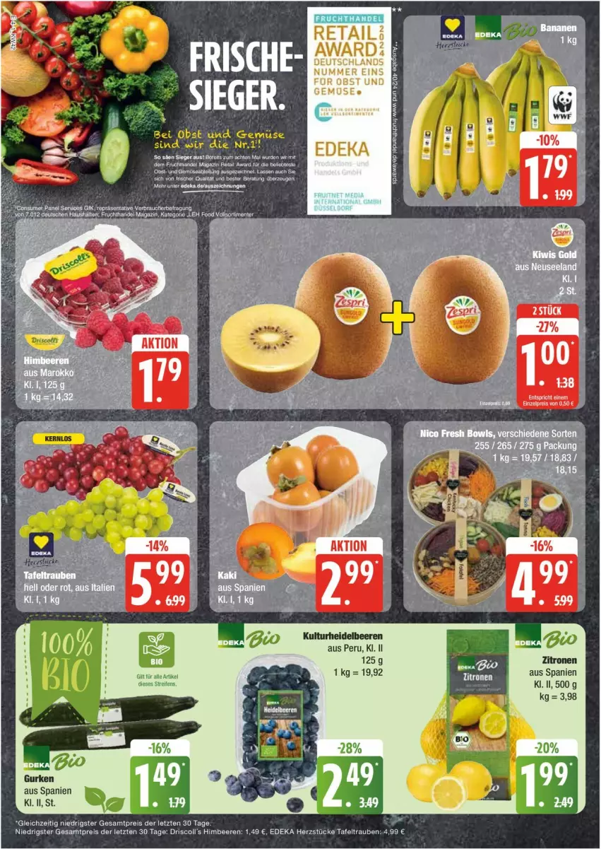 Aktueller Prospekt Edeka - Prospekte - von 14.10 bis 19.10.2024 - strona 4 - produkty: beere, beeren, deka, eis, gurke, gurken, heidelbeere, heidelbeeren, himbeer, himbeere, himbeeren, reis, tee, Ti, trauben, zitrone, zitronen, ZTE