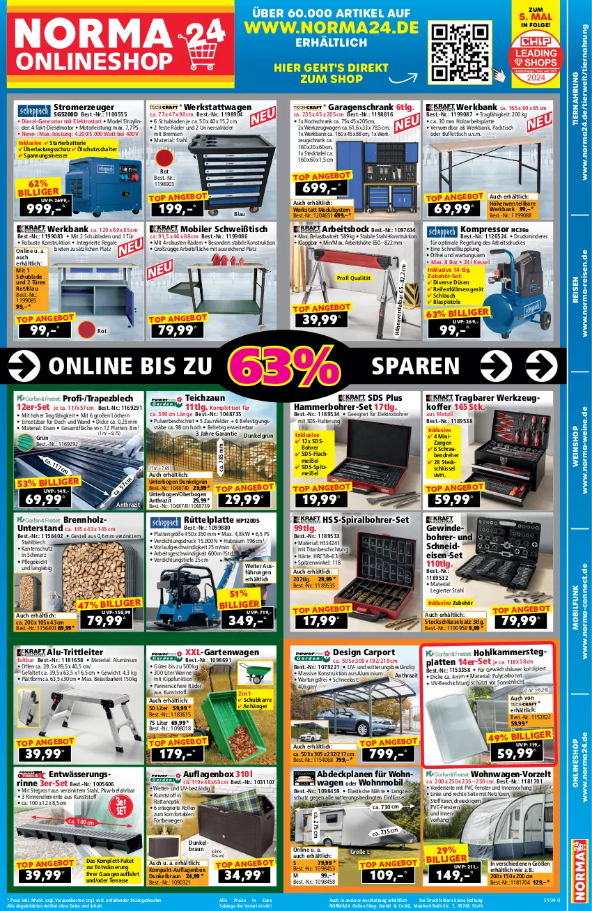 Aktueller Prospekt Norma - Norma - von 06.12 bis 22.12.2024 - strona 1 - produkty: abdeckplane, angebot, Anhänger, arbeitsplatte, asti, auflagenbox, Bank, batterie, Bohrer-Set, Bona, braun, Brennholz, Carport, Diesel, eis, Elektro, ente, fenster, Garten, hochschrank, Holz, HP, kissen, koffer, kompressor, latte, LG, messer, Mode, ndk, regal, reifen, reis, Ria, rwe, Schal, schlauch, Schrank, schrauben, Schraubendreher, schubladen, Steckschlüsselsatz, Stecktafel, Stromerzeuger, Ti, tiernahrung, tisch, Wanne, wein, weine, weinshop, werkzeug, Zangen, Zelt