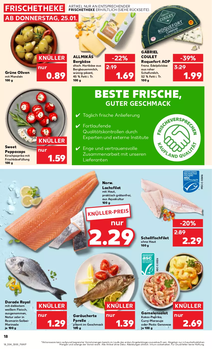 Aktueller Prospekt Kaufland - Prospekt - von 25.01 bis 31.01.2024 - strona 18 - produkty: Allmikäs, angebot, aqua, auer, Bau, Bauer, Bergkäse, brie, Cap, curry, Dorade, dorade royal, eis, elle, filet, fisch, fleisch, forelle, frischkäse, garnelen, genovese, grüne oliven, hartkäse, HP, Käse, kirsch, kokos, lachs, lachsfilet, Laufen, mac, mandel, mandeln, maracuja, marinade, milch, natur, olive, oliven, paprika, pesto, rel, rosmarin, salat, Ti, tisch, ZTE