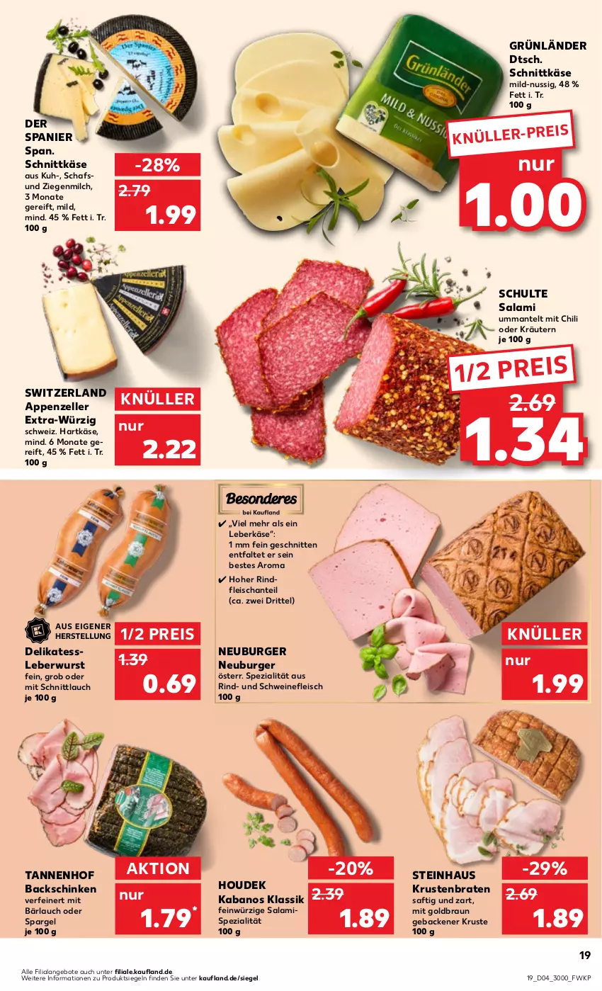 Aktueller Prospekt Kaufland - Prospekt - von 25.01 bis 31.01.2024 - strona 19 - produkty: angebot, angebote, appenzeller, braten, braun, burger, chili, eis, elle, fleisch, geback, grünländer, hartkäse, houdek, kabanos, Käse, kräuter, kräutern, krustenbraten, leberkäs, leberkäse, leberwurst, Mantel, milch, Neuburger, nuss, oder kräuter, reis, rind, rindfleisch, saft, salami, schinken, schnitten, schnittkäse, schnittlauch, schwein, schweine, schweinefleisch, spargel, Spezi, steinhaus, Ti, wein, weine, wurst