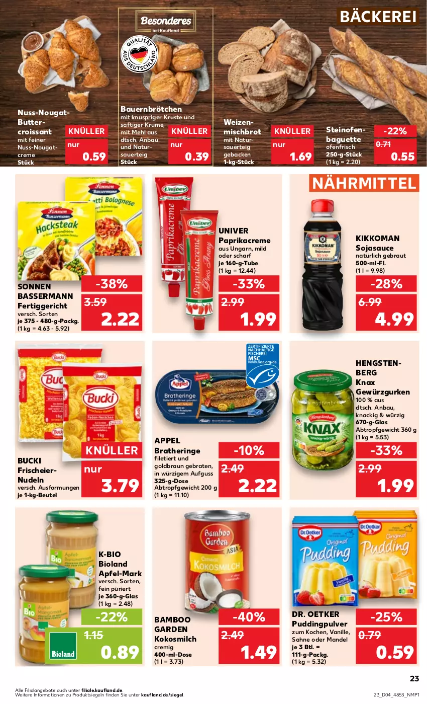 Aktueller Prospekt Kaufland - Prospekt - von 25.01 bis 31.01.2024 - strona 23 - produkty: angebot, angebote, apfel, auer, baguette, bamboo, Bau, Bauer, beutel, bio, bioland, braten, Bratheringe, braun, brot, brötchen, butter, creme, Croissant, Dr. Oetker, eier, eiernudeln, fertiggericht, filet, geback, gewürz, Gewürzgurke, gewürzgurken, gurke, gurken, hengstenberg, hering, kikkoman, kokos, kokosmilch, mandel, mehl, milch, natur, Nougatcreme, nudel, nudeln, nuss, Ofen, paprika, Paprikacreme, pudding, ring, rum, saft, sahne, sauce, soja, sojasauce, steinofen, Ti, vanille, weizenmischbrot