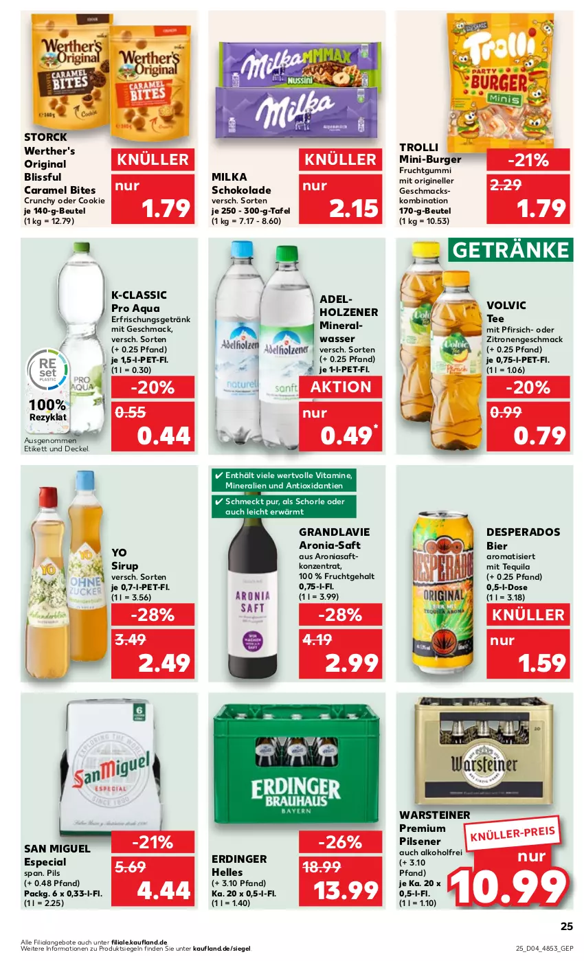 Aktueller Prospekt Kaufland - Prospekt - von 25.01 bis 31.01.2024 - strona 25 - produkty: alkohol, Alwa, angebot, angebote, aqua, beutel, bier, bites, burger, caramel, cookie, decke, Deckel, desperados, eis, elle, erdinger, erfrischungsgetränk, frucht, fruchtgummi, getränk, getränke, gin, Holz, mac, milka, milka schokolade, mineralwasser, pfirsich, pils, pilsener, saft, schoko, schokolade, schorle, sirup, steiner, storck, tee, tequila, Ti, trolli, vita, Vitamine, volvic, warsteiner, wasser, werther's, Yo, zitrone, zitronen