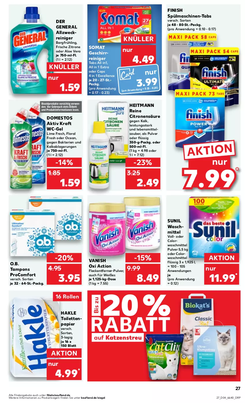 Aktueller Prospekt Kaufland - Prospekt - von 25.01 bis 31.01.2024 - strona 27 - produkty: allzweckreiniger, aloe vera, angebot, angebote, Cap, colorwaschmittel, domestos, eis, elle, Finish, fleckentferner, geschirr, hakle, hakle toilettenpapier, heitmann, Katzenstreu, kraft, lebensmittel, O.b., oxi action, papier, procomfort, reiniger, somat, spülmaschinen, sunil, Tampon, tampons, Ti, toilettenpapier, vanish, vanish oxi action, waschmittel, wc-gel, weck, zitrone