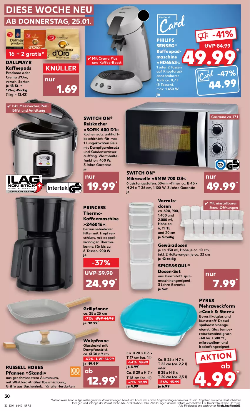 Aktueller Prospekt Kaufland - Prospekt - von 25.01 bis 31.01.2024 - strona 30 - produkty: angebot, angebote, aust, backofen, Becher, buch, d'oro, dallmayr, decke, Deckel, eis, elle, garraum, gewürz, Gewürzdose, Glasdeckel, grill, Grillpfanne, herdarten, Holz, kaffee, kaffeemaschine, kaffeepads, Kocher, Löffel, Mehrzweckform, Messbecher, mikrowelle, Ofen, pfanne, pfannen, Pfau, Philips, prodomo, pyrex, reis, russell hobbs, senseo, spülmaschinen, tasse, Ti, timer, wasser, weck, wok, ZTE