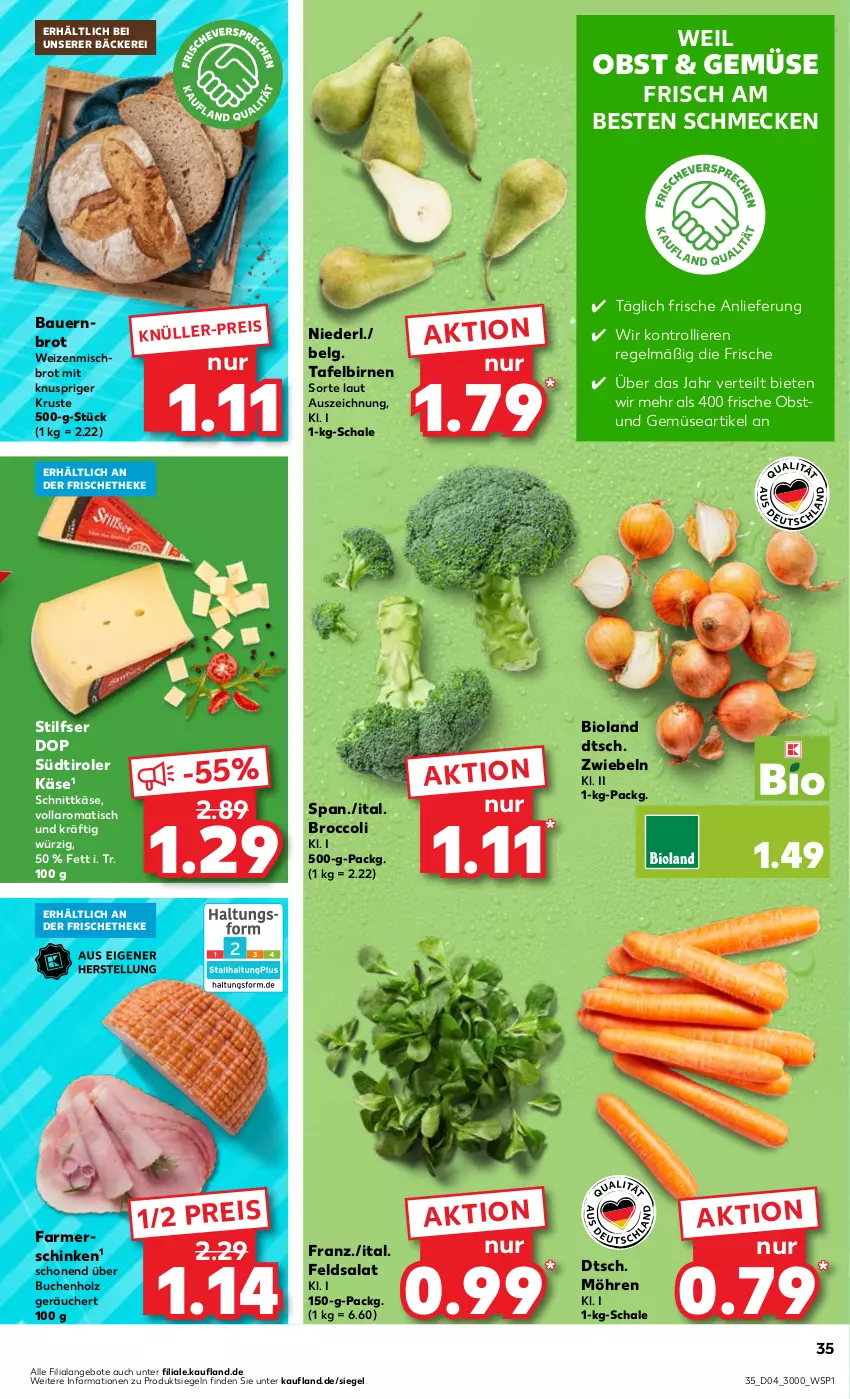 Aktueller Prospekt Kaufland - Prospekt - von 25.01 bis 31.01.2024 - strona 35 - produkty: angebot, angebote, auer, Bau, Bauer, bio, bioland, Birnen, broccoli, brot, buch, eis, farmerschinken, feldsalat, Holz, Käse, LG, möhren, obst, reis, salat, Schal, Schale, schinken, schnittkäse, südtiroler, tafelbirnen, Ti, tisch, trolli, und gemüse, weizenmischbrot, zwiebel, zwiebeln