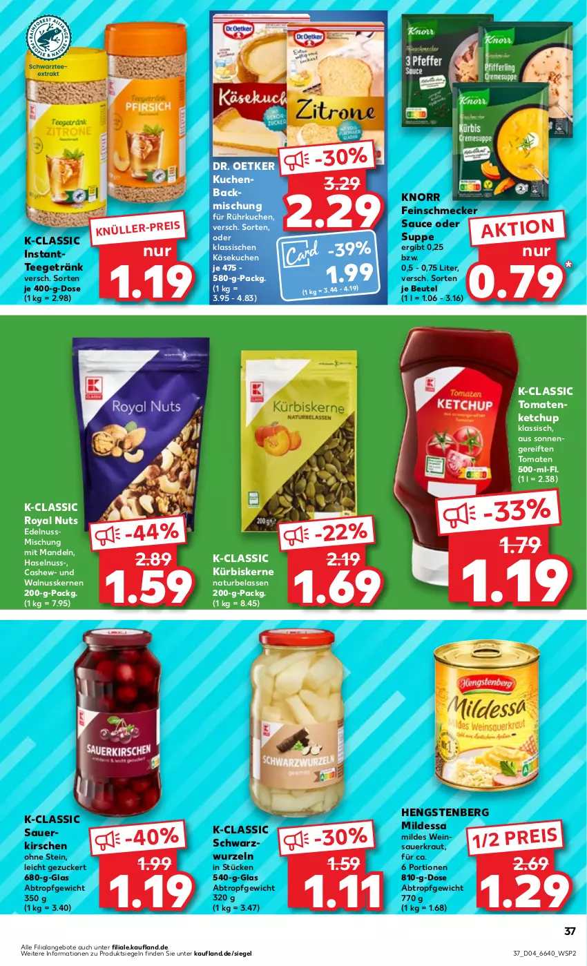 Aktueller Prospekt Kaufland - Prospekt - von 25.01 bis 31.01.2024 - strona 37 - produkty: angebot, angebote, auer, backmischung, beutel, Cashew, Dr. Oetker, eis, feinschmecker, getränk, haselnuss, hengstenberg, Instanttee, Käse, käsekuchen, ketchup, kirsch, kirsche, kirschen, knorr, Kraut, kuchen, Kürbis, kürbiskerne, mandel, mandeln, natur, nuss, reis, sauce, sauerkirschen, Sauerkraut, suppe, tee, Ti, tomate, tomaten, tomatenketchup, walnuss, walnusskerne, wein, Weinsauerkraut, zucker