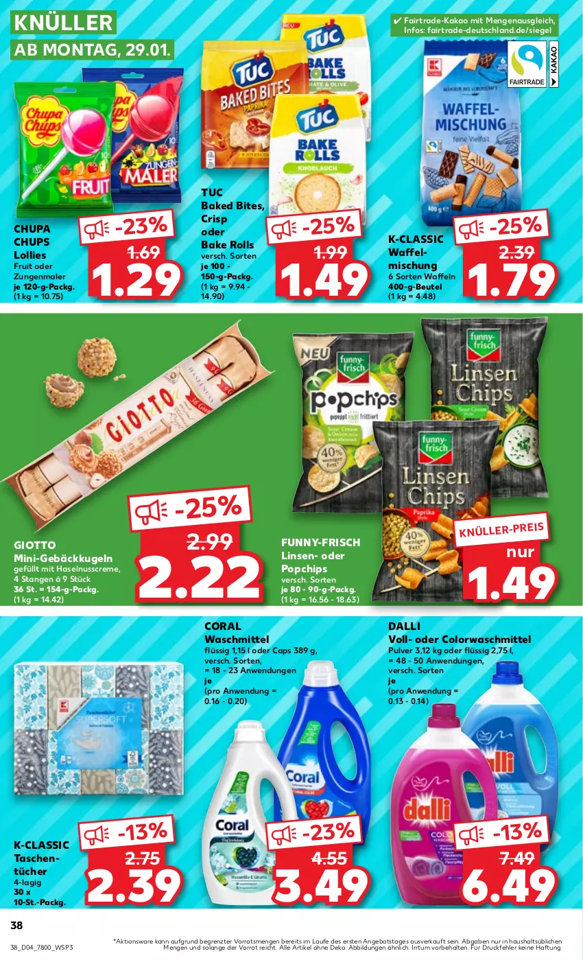 Aktueller Prospekt Kaufland - Prospekt - von 25.01 bis 31.01.2024 - strona 38 - produkty: angebot, beutel, bites, Cap, chips, chupa, chupa chups, colorwaschmittel, Coral, creme, dalli, eis, funny-frisch, giotto, haselnuss, Haselnusscreme, kakao, Kugel, linsen, nuss, Tasche, taschen, taschentücher, Ti, tuc, tücher, waffeln, waschmittel, ZTE